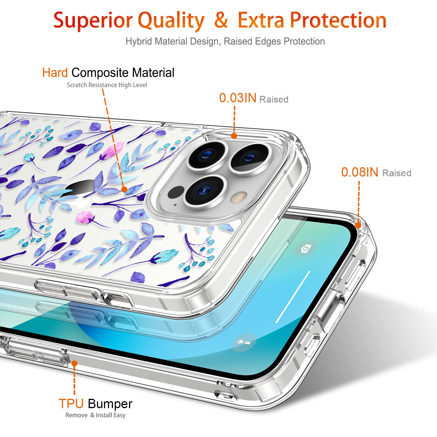 GiiKa iPhone 13 Pro Max Case with Screen Protector - 6.7 Inch Clear Shockproof Protective Case for Women, Floral Design Hard Phone Cover with TPU Bumper - Perfect for Everyday Use, Work, and Travel (Blue Floral)