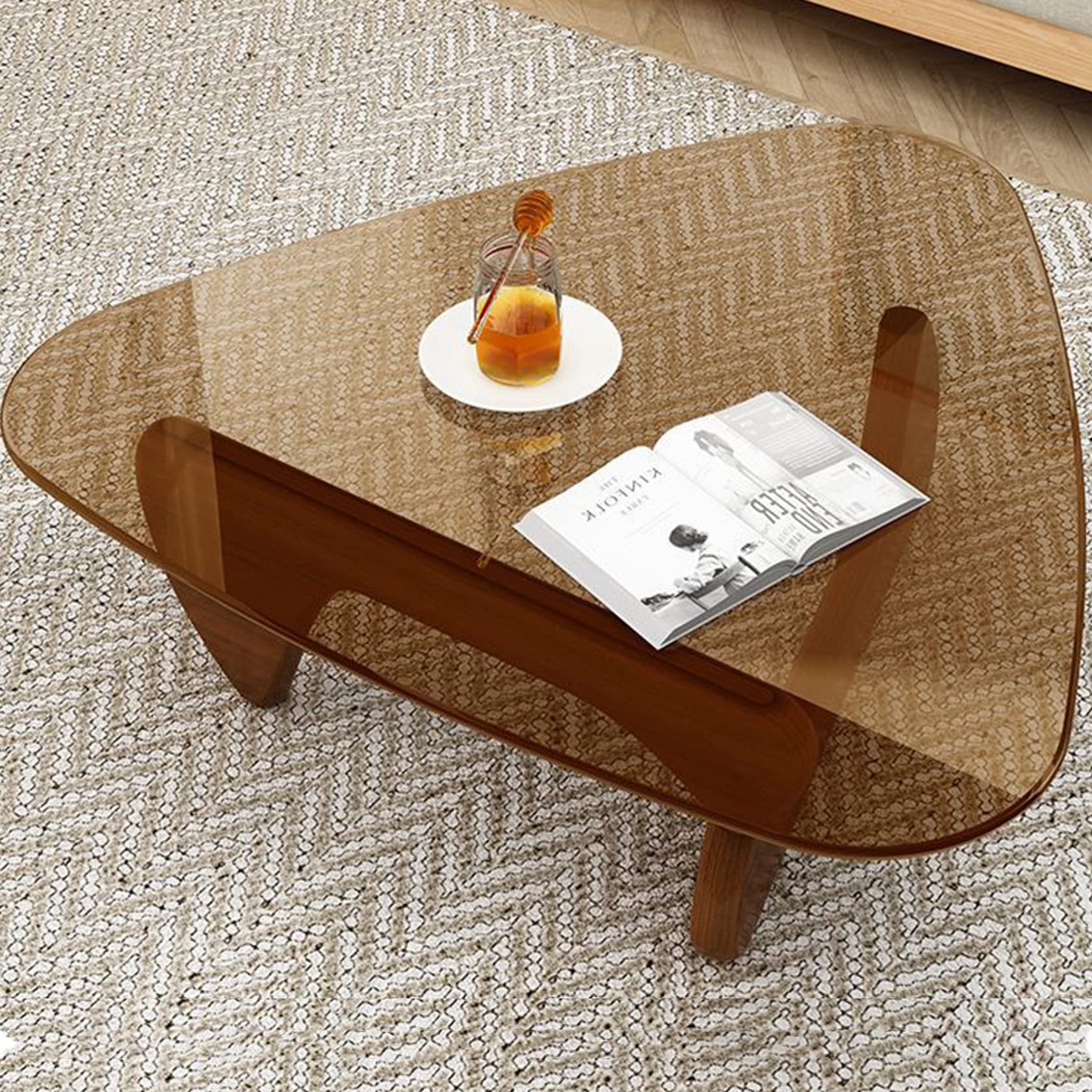 Mid-Century Modern Triangle Coffee Table with Glass Top & Natural Wood Base - Abstract End Table for Living Room, Patio, Office - Walnut/Brown, Small 32.2