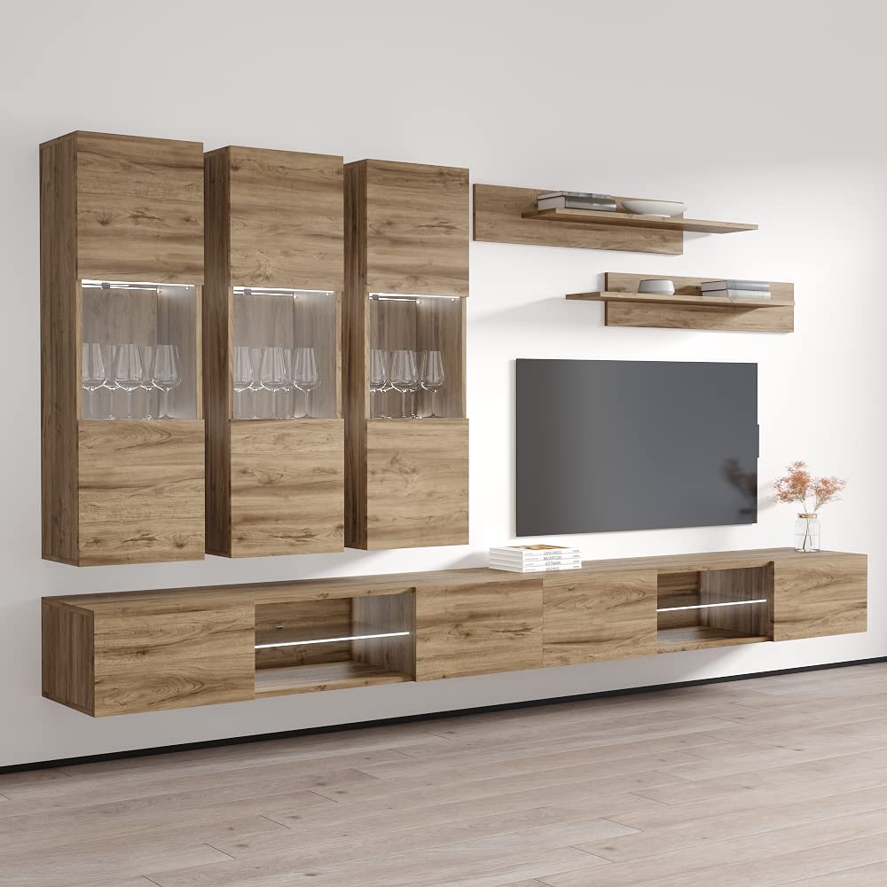 Modern Floating TV Stand with Storage & LED Lights - Wall-Mounted Entertainment Center Console for Living Room & Bedroom - Oak Wood TV Shelf with Shelves - Perfect for Small Spaces & Home Theater Setup