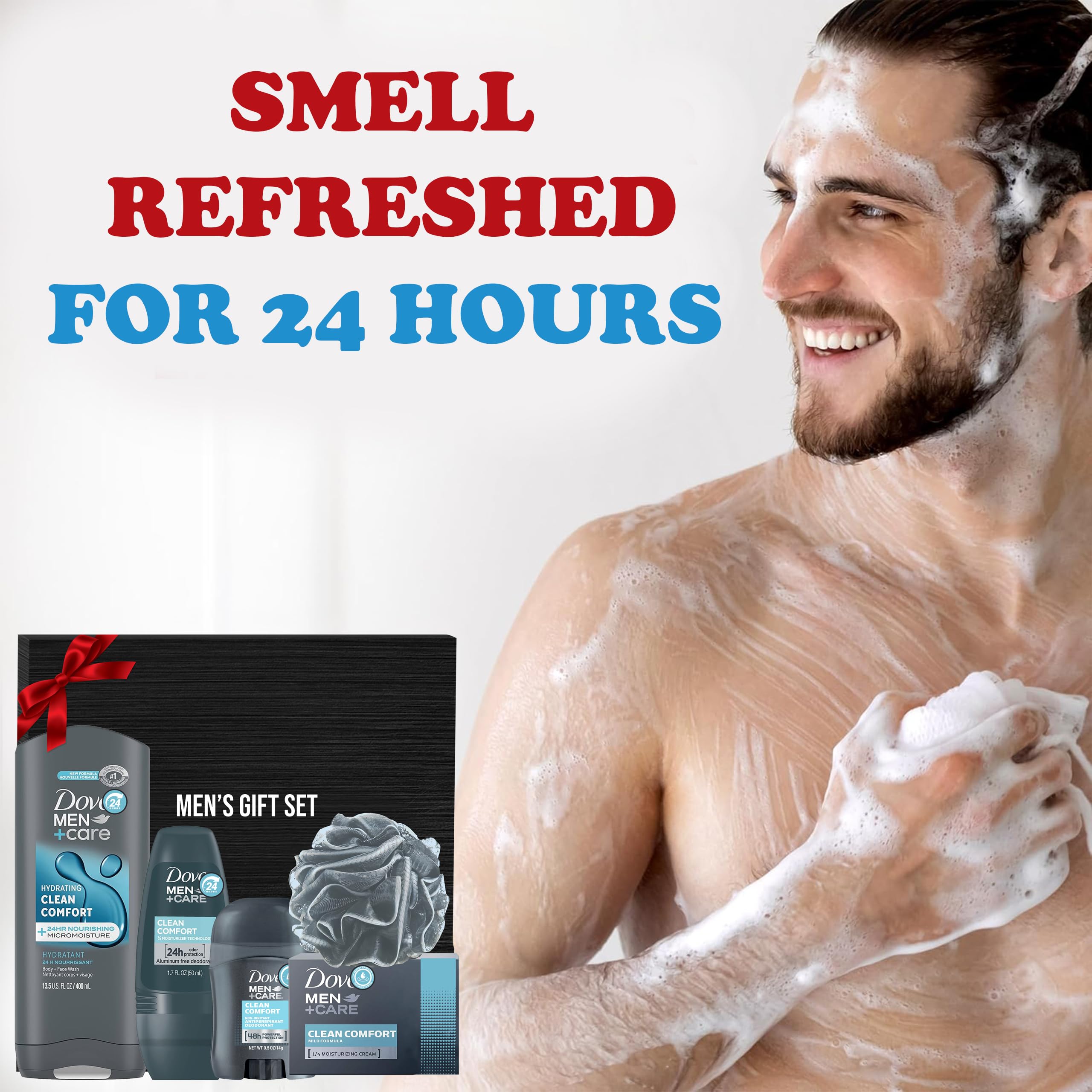 Men's Valentine's Day Gift Set - 5 Piece Body Care Kit with Clean Comfort Body Wash, Deodorant Stick & Roll-On, Bar Soap & Shower Pouf - Perfect for Romantic Gifts, Anniversary Presents & Self-Care Routines