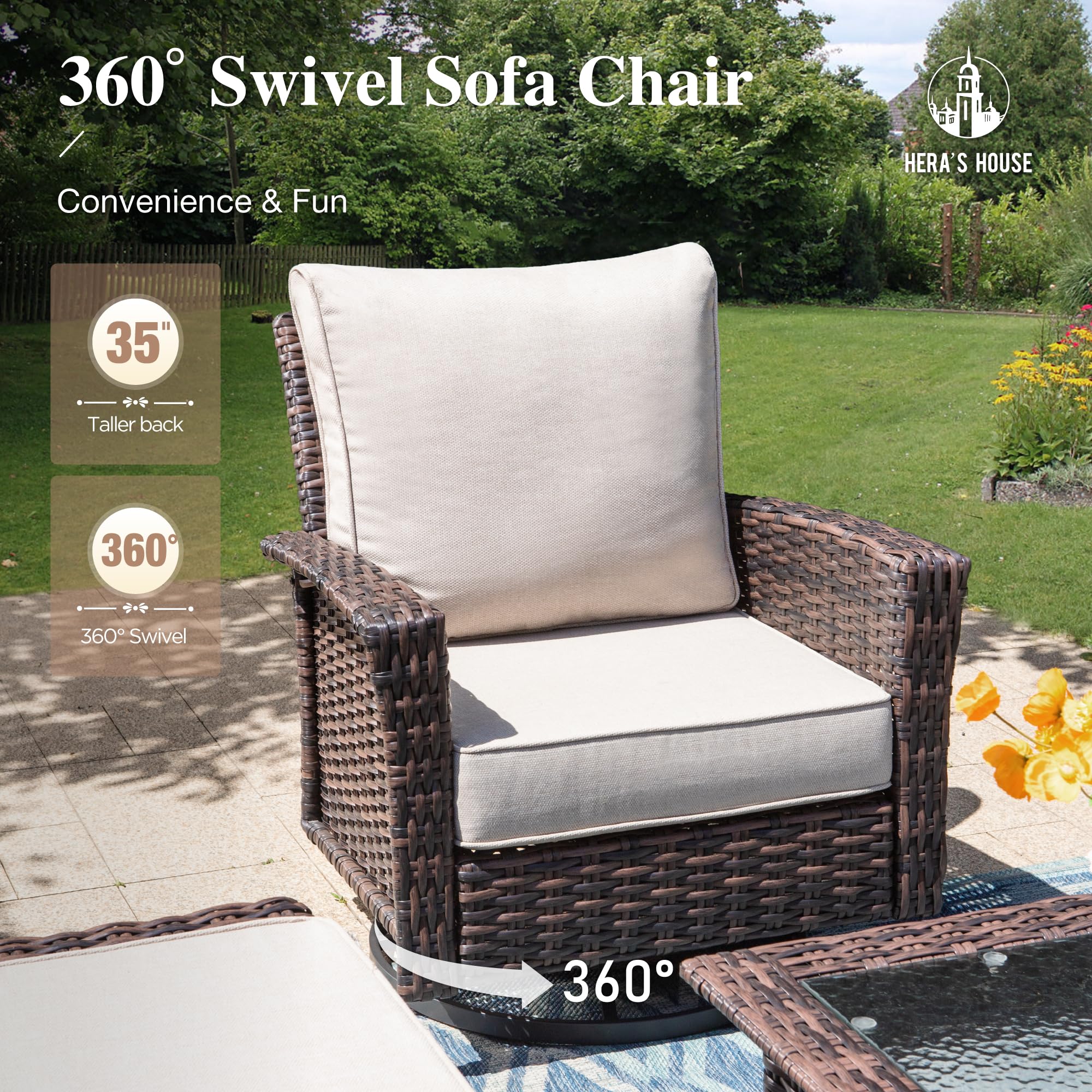 HERA'S HOUSE 5-Piece Patio Furniture Set with High Back Swivel Chairs & Thick 5.5