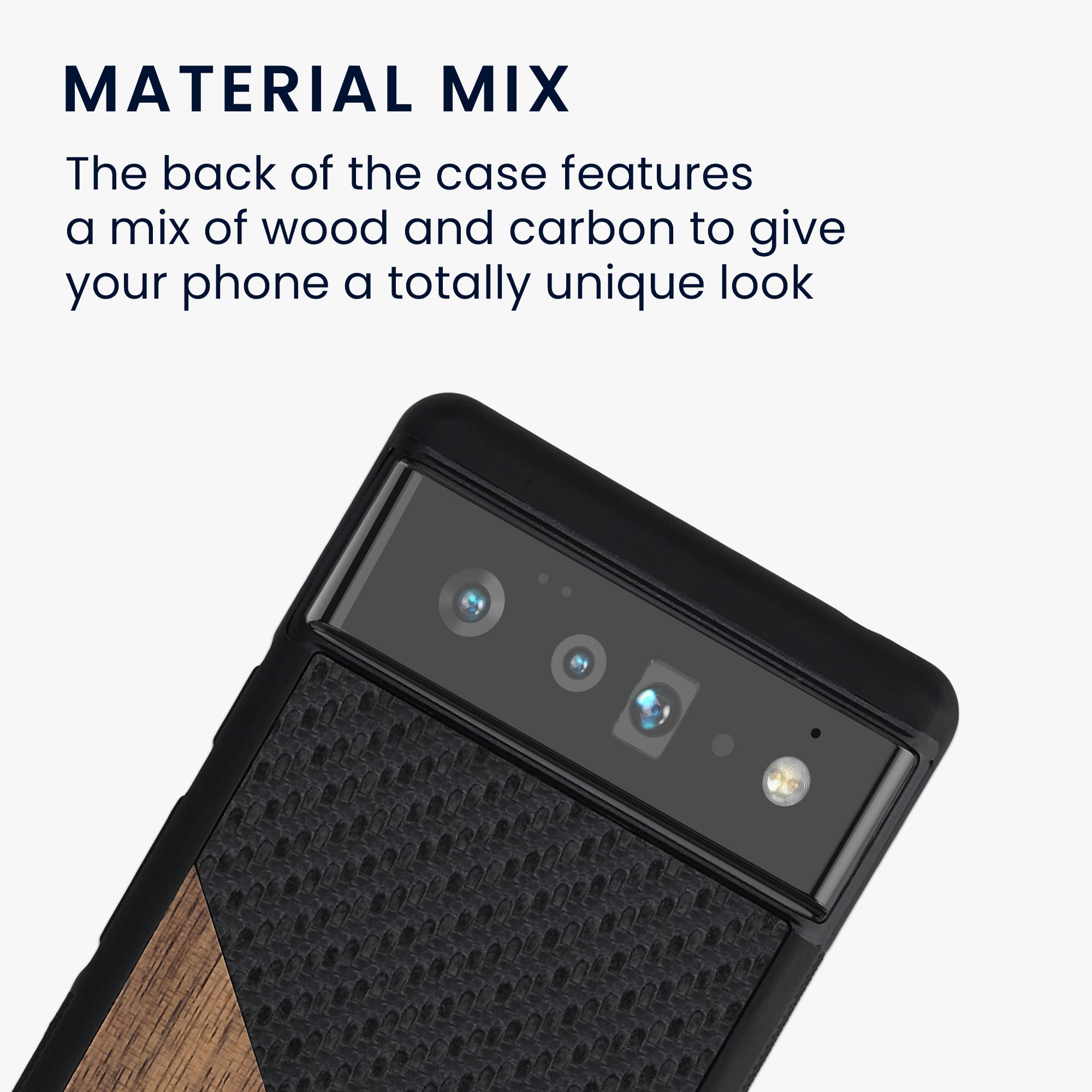 Google Pixel 6 Pro Case - Wood/Carbon Hard Cover with TPU Bumper - Dark Brown/Black - Protective Phone Cover for Daily Use