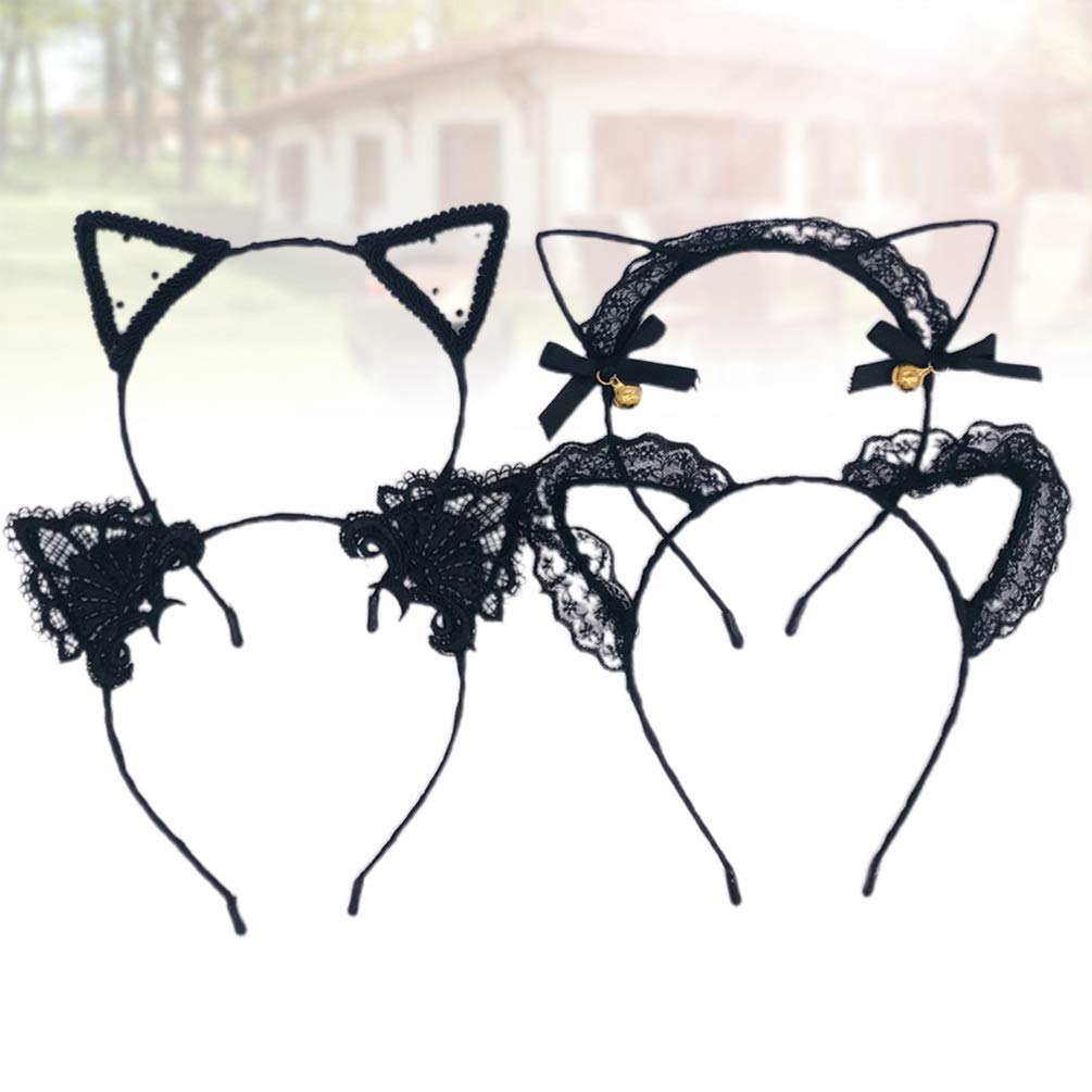 4pcs Lace Cat Ear Headbands for Women & Girls - Cute Halloween Cosplay Costume Accessories, Cat Ear Hair Hoops for Parties, Dress Up & Photo Props