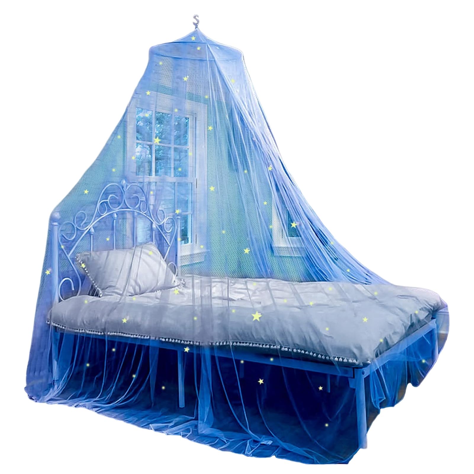 Princess Bed Canopy with Fluorescent Stars - Round Dome Bed Curtain Net for Twin, Full, Queen & King Size Beds in Blue | Perfect for Girls' Bedroom Decor & Fantasy Sleep Space
