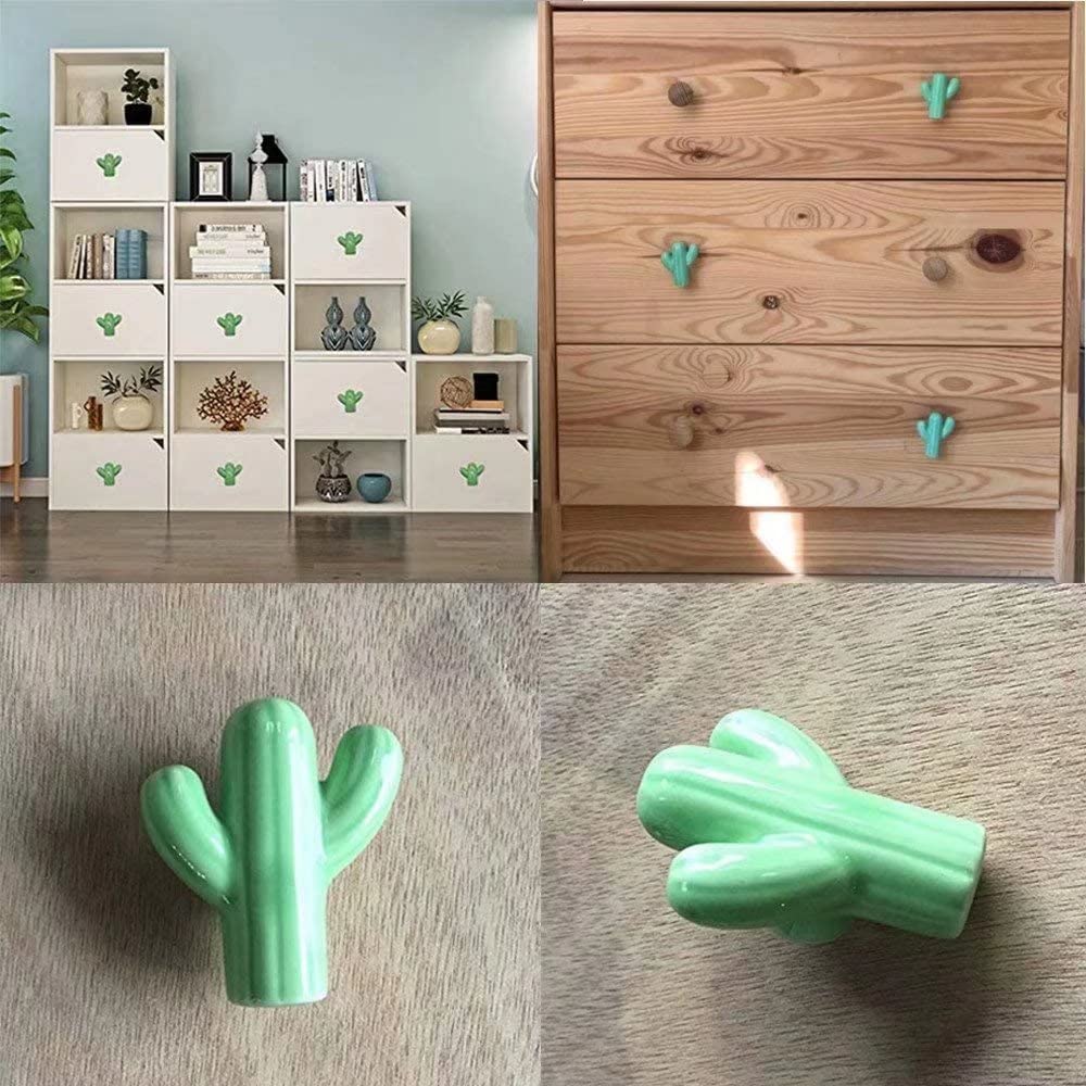 10Pcs Green Cactus Shaped Ceramic Drawer Knobs with Screws - Kids Cabinet Pull Handles for Bedroom, Bathroom, Kitchen Furniture - Perfect for Nursery Decor, Dresser Upgrades & DIY Furniture Projects