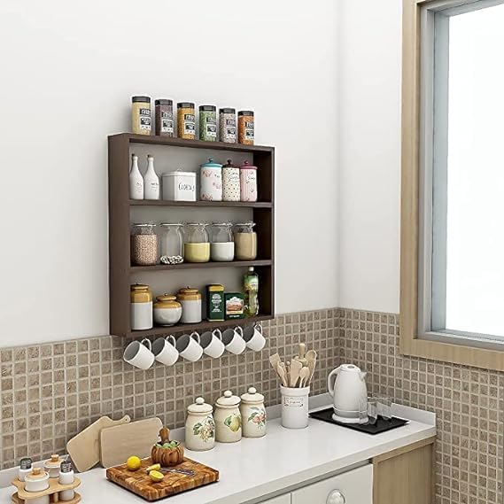 Premium Wooden Kitchen Rack Organizer - Rustic Brown Storage Shelf & Stand for Spices, Utensils & Cookbooks | Perfect for Pantry, Countertop & Small Space Organization
