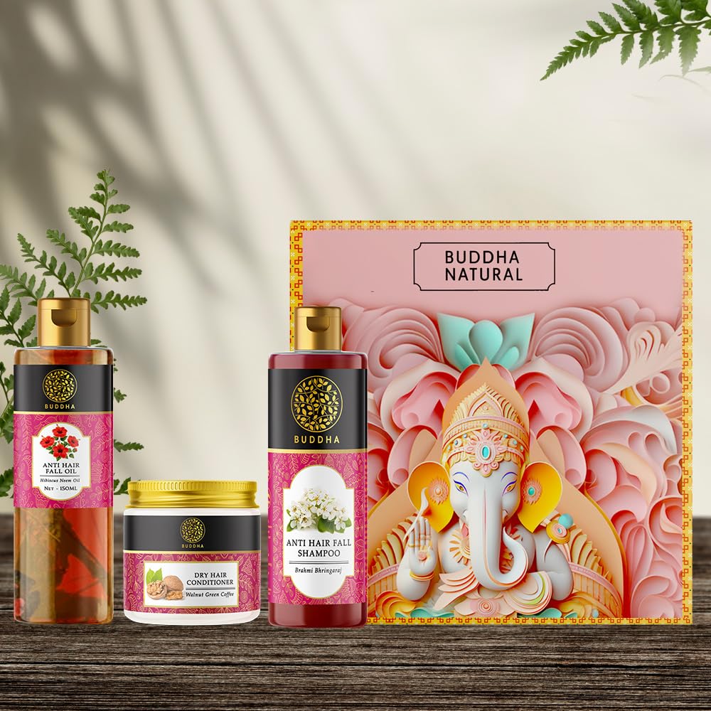 Buddha Natural Hair Care Gift Box - Mighty Ganesha Ayurvedic Hair Growth Kit (Nourishing Hair Oil, Strengthening Shampoo, Hydrating Conditioner) - Diwali Gift Pack for Women & Men - Reduces Hair Fall & Promotes Healthy Growth - Perfect for Daily Hair Care Routine & Festive Gifting