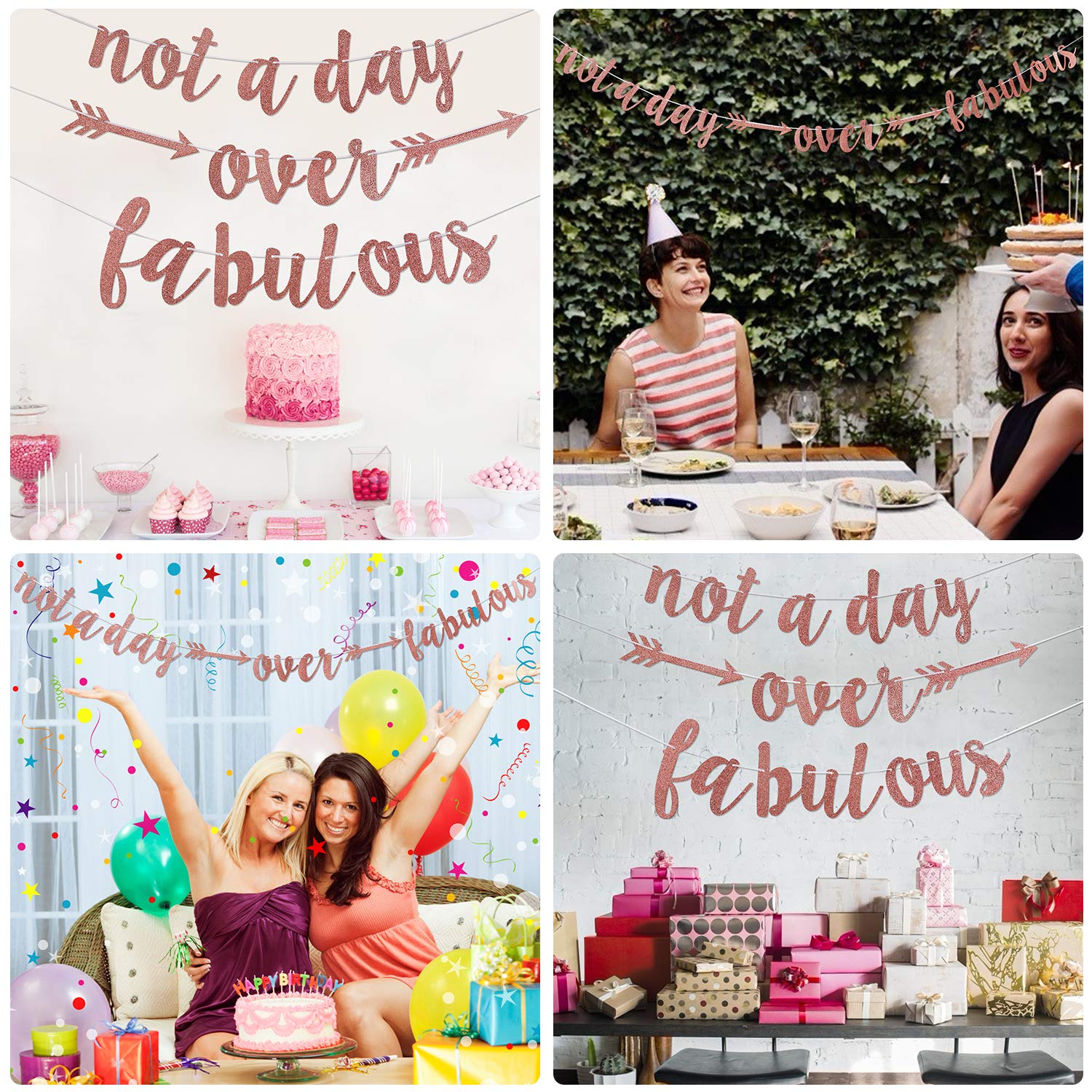 Lnlofen Rose Glitter Birthday Banner - 'Not a Day Over Fabulous' Party Decor for Women - Perfect for Birthday & Anniversary Celebrations - Elegant Glittery Backdrop for Baby Showers, Bridal Showers & Special Events