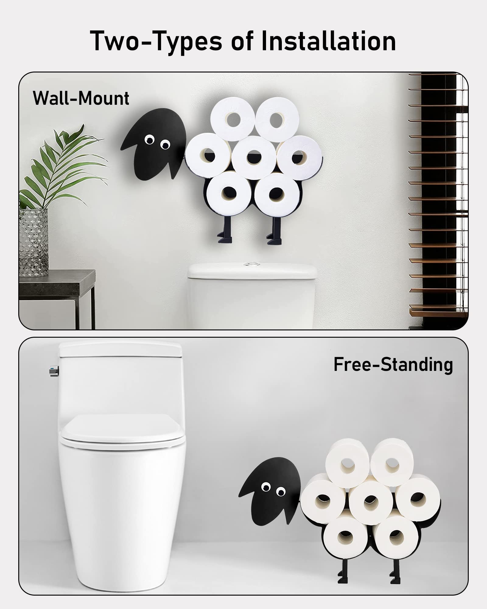 Funny Black Sheep Toilet Paper Holder - Wall-Mounted Metal TP Stand with Animal Design, Holds 8 Rolls - Perfect for Farmhouse, Rustic & Kids' Bathroom Decor