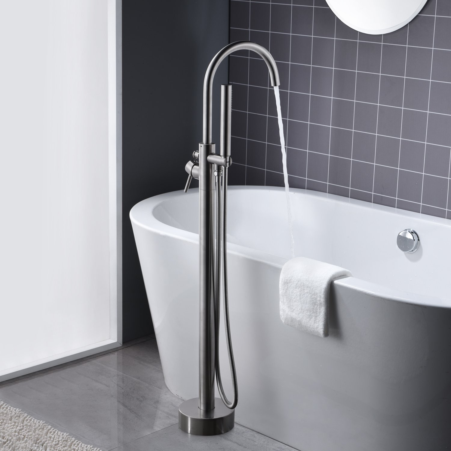 Freestanding Bathtub Faucet with Hand Shower - Brushed Nickel Floor Mount Single Handle Brass Tub Filler for Modern Bathroom | Perfect for Spa-Like Relaxation & Luxury Bathing Experience