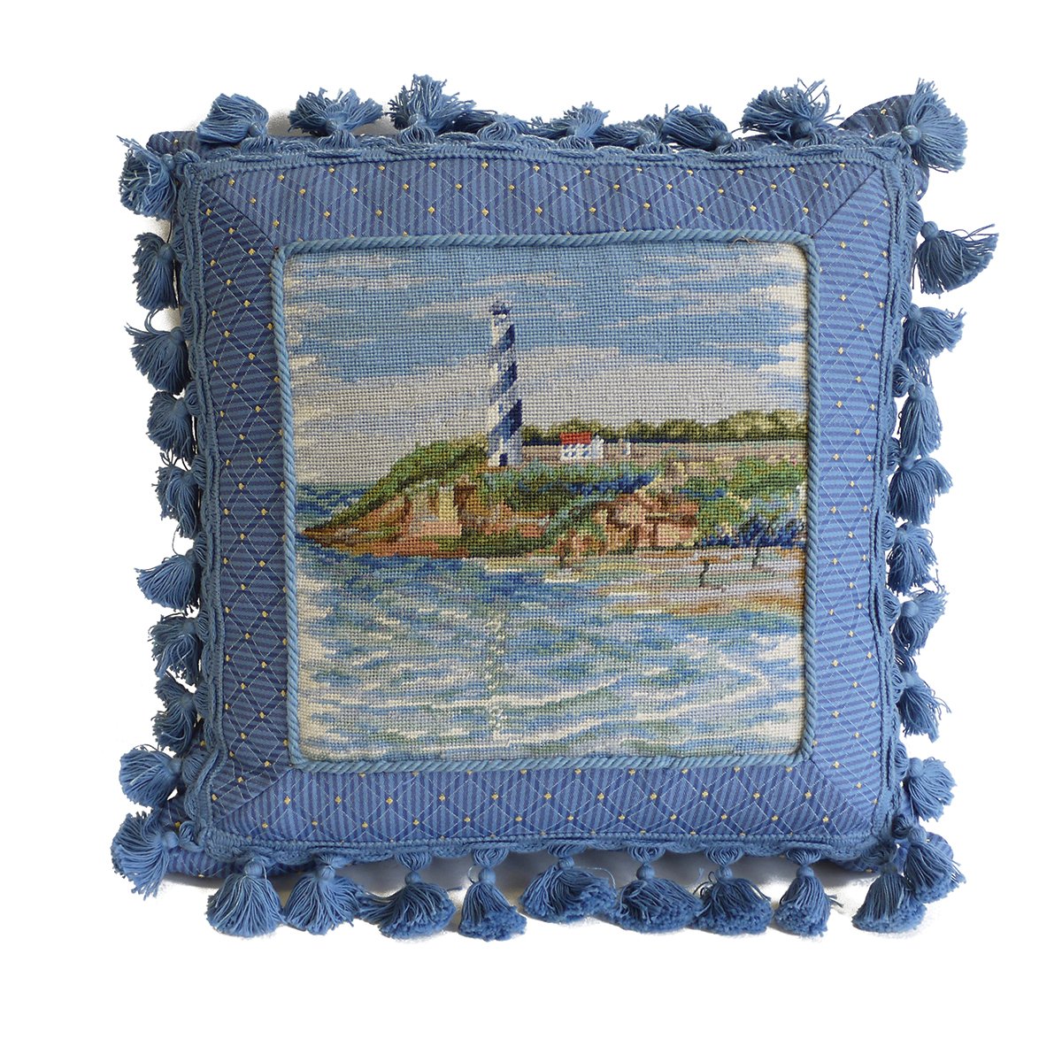 Southern Lighthouse Needlepoint Throw Pillow 16x16 Inch - Coastal Decor Blue Cushion for Sofa, Chair, Living Room & Bedroom - Perfect for Beach House, Nautical Theme or Coastal Style Home Decor