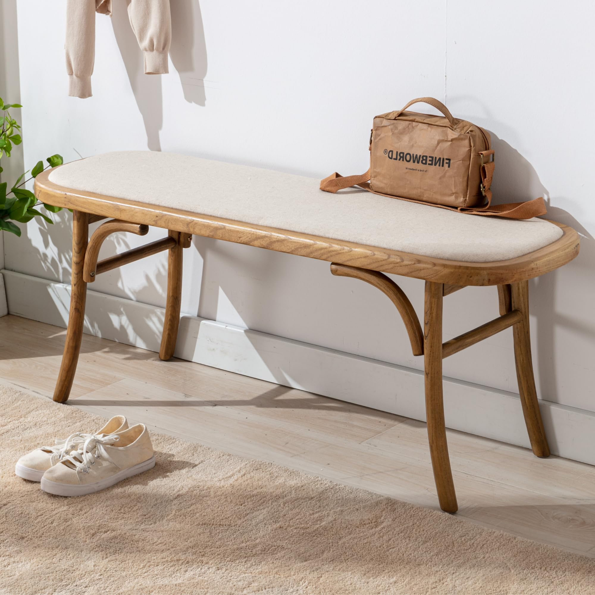 Rustic Farmhouse Wood Dining Bench with Padded Seat - Boho Chic Entryway Bench for Bedroom, Kitchen, Window Nook & Small Spaces | Perfect for Farmhouse Decor, Breakfast Nook Seating & Cozy Home Accents