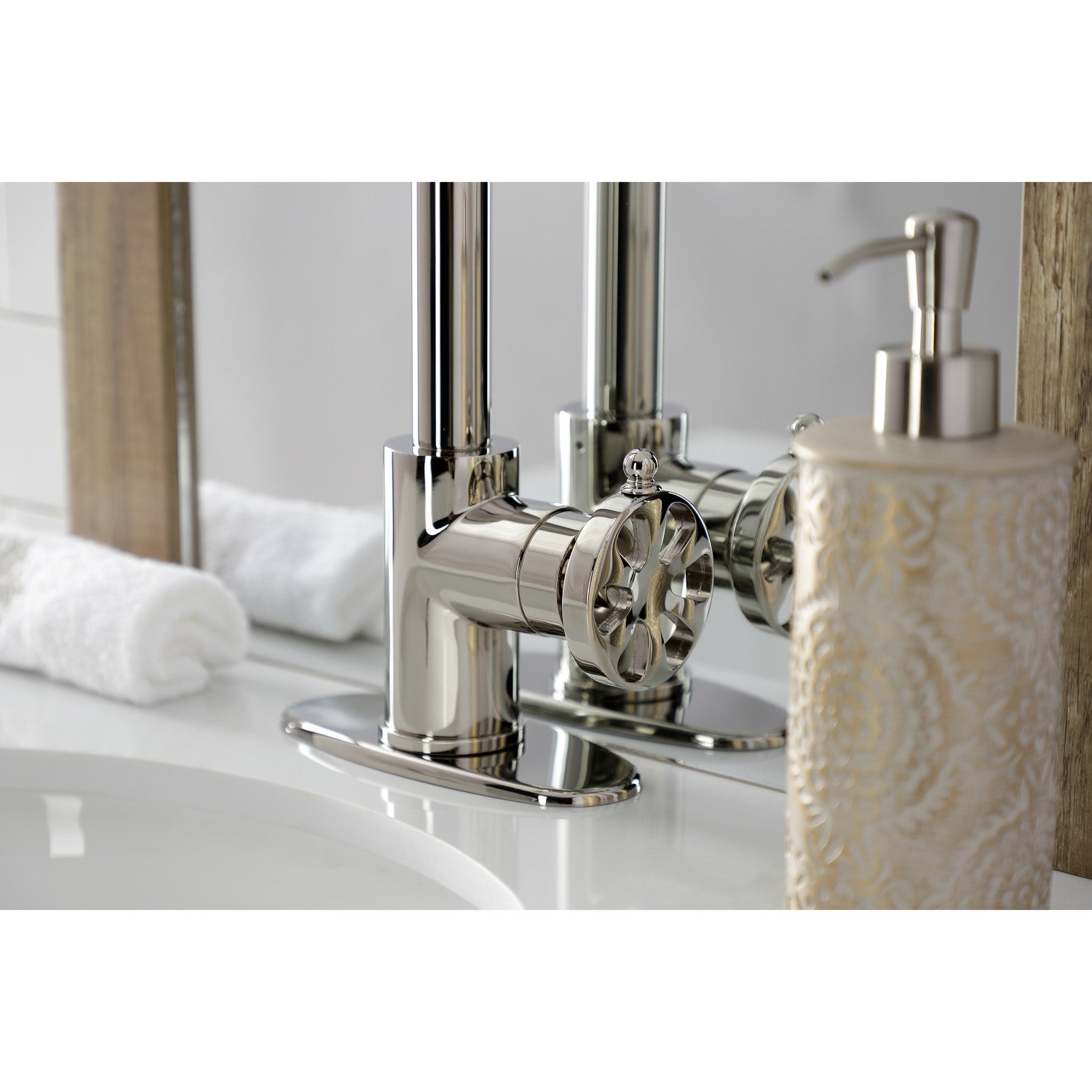 Belknap KSD144RXPN Single Handle Bathroom Sink Faucet with Deck Plate & Push Pop-Up Drain - Polished Nickel Finish for Modern Vanities & Powder Rooms