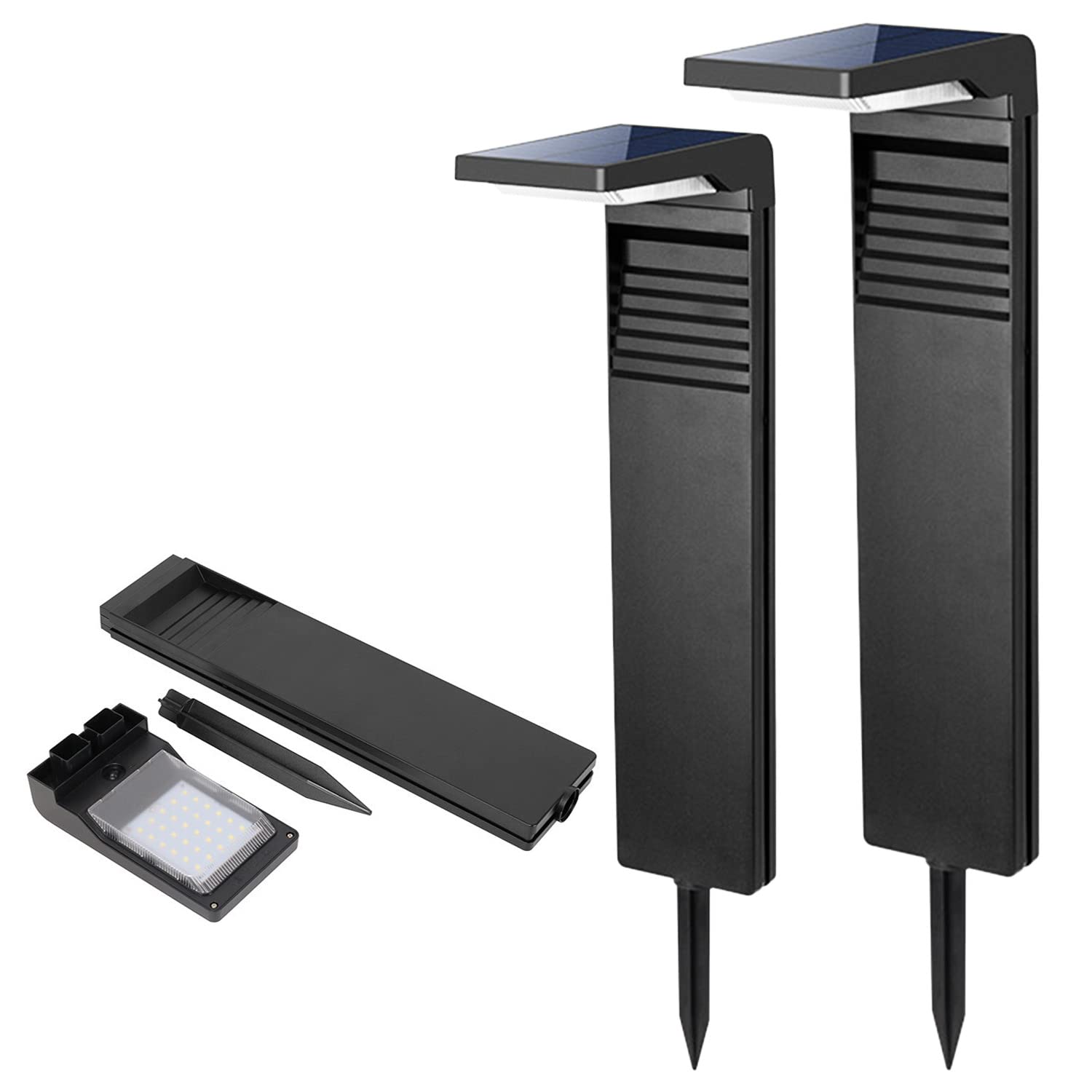 NATSUKAWA Solar Outdoor Lights Waterproof - 2 Pack L-Shaped Black Solar Pathway Lights with 3 Lighting Modes for Garden, Yard, Pathway & Landscape Spot Lighting (Cold White) - Ideal for Driveway, Walkway, Patio & Backyard Decoration
