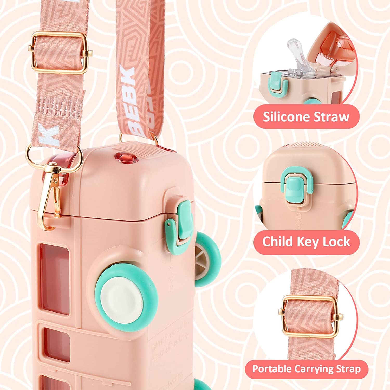 FUNDISINN 16oz Kids Water Bottle with Detachable Straw & Shoulder Strap - Leakproof Cartoon Bus Design Water Cup with Wheels - Perfect for School, Travel & Outdoor Activities (Pink, Gift Ready)