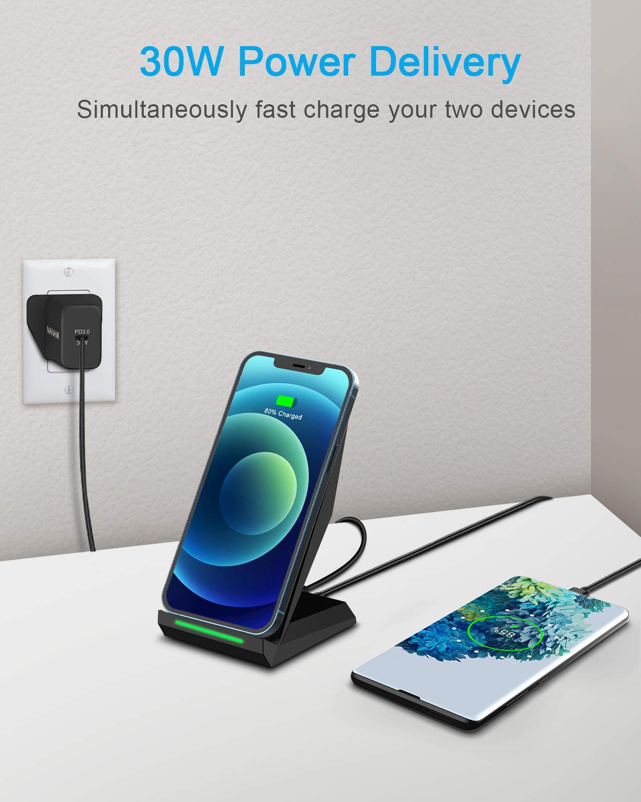 NANAMI 30W USB-C Wireless Charger Stand - 15W Max Fast Qi Charging Pad for Samsung Galaxy S25/S24/S23 Ultra/S22/S21/S20/S10 & iPhone 16/15/14/13/12/11/X/8 - 2-in-1 Cordless Charging Station for Home, Office, Nightstand, Travel