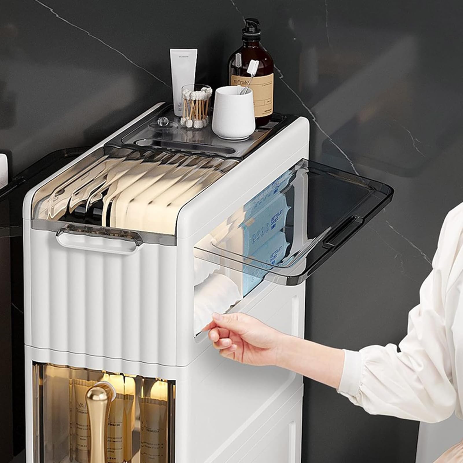 Narrow Slim Bathroom Storage Cabinet with Drawers - Waterproof Small Space Organizer for Bathroom, Kitchen & Laundry - Portable Floor Cabinet for Toiletries, Cleaning Supplies & Towels - Perfect for Apartments, Dorms & Tiny Homes