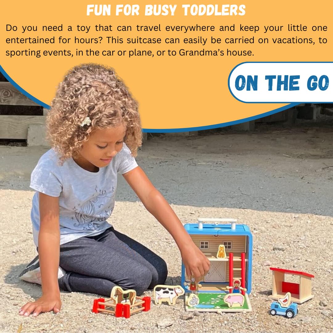 Eco-Friendly Bamboo Barnyard Suitcase Playset - 16-Piece Portable Farm Toy Set with Farmer, Animals & Tractor - Sustainable Travel Toys for Kids Ages 3+ | Perfect for Road Trips, Airplane Travel & Preschool Learning Activities