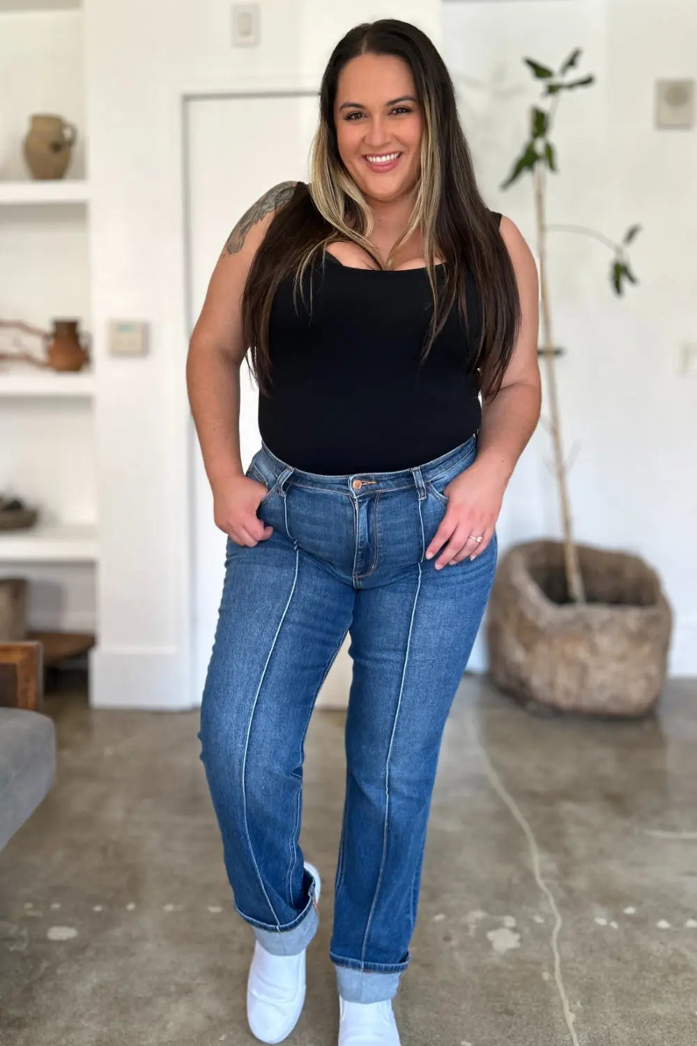 Judy Blue High Waist Straight Jeans for Women - Classic Front Seam Detail, Comfortable Stretch Denim Pants | Perfect for Casual Wear, Office Outfits & Date Night Looks