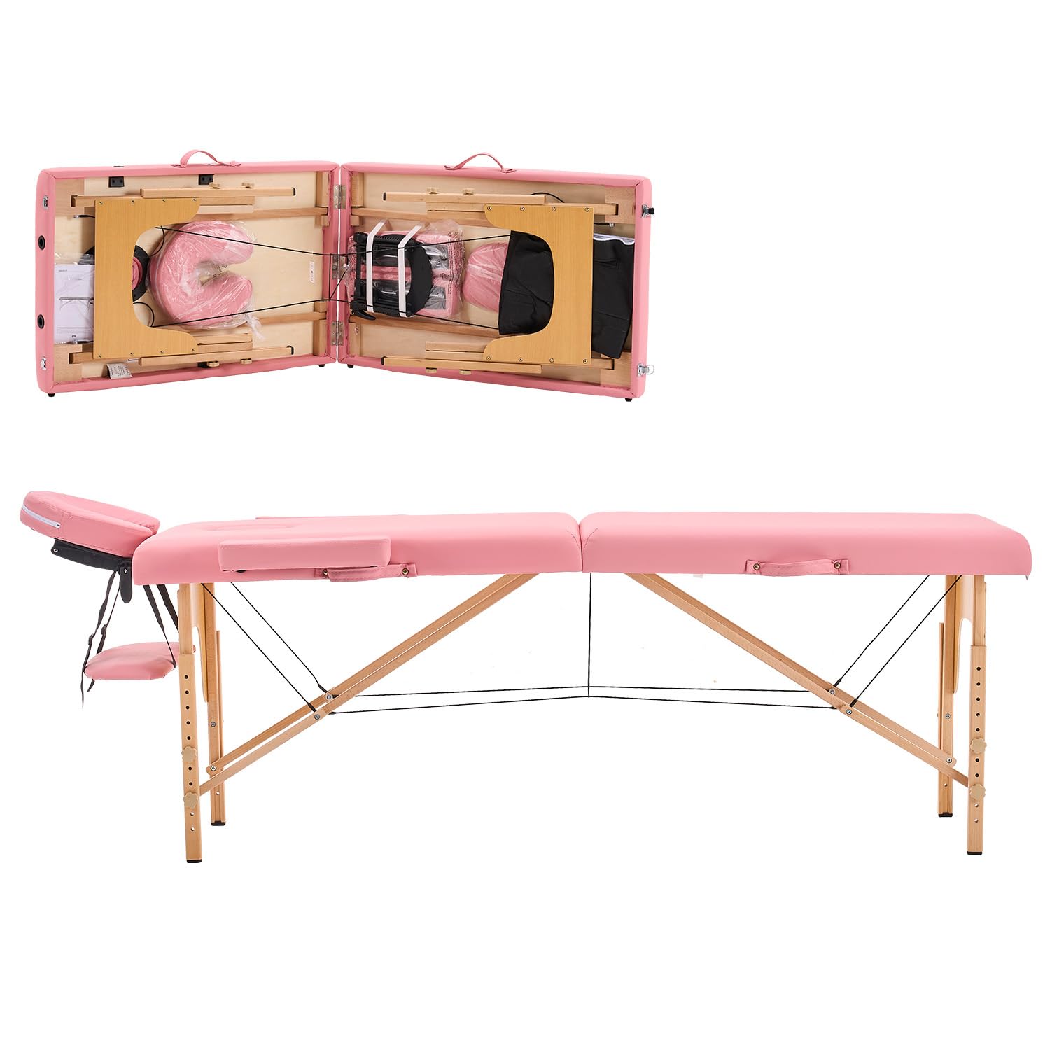 YOUNIKE Portable 2-Fold Adjustable Massage Table - Professional Spa Bed, Lash Extension Bed & Tattoo Bed with Face Cradle & Wooden Frame (Includes Non-Woven Carrying Bag, Pink) - Perfect for Salon, Spa, Home Use & Mobile Beauty Services