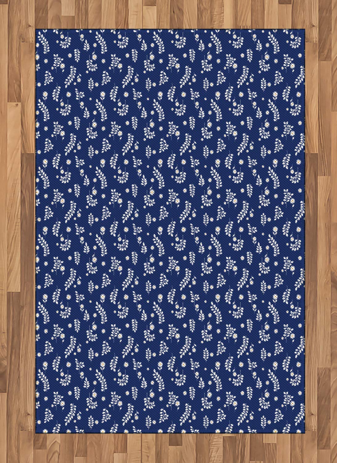 Ambesonne Floral Area Rug - Silhouette Style Flowers & Leafy Branches Design, Dark Sky Blue Marigold White, 4'x5'7