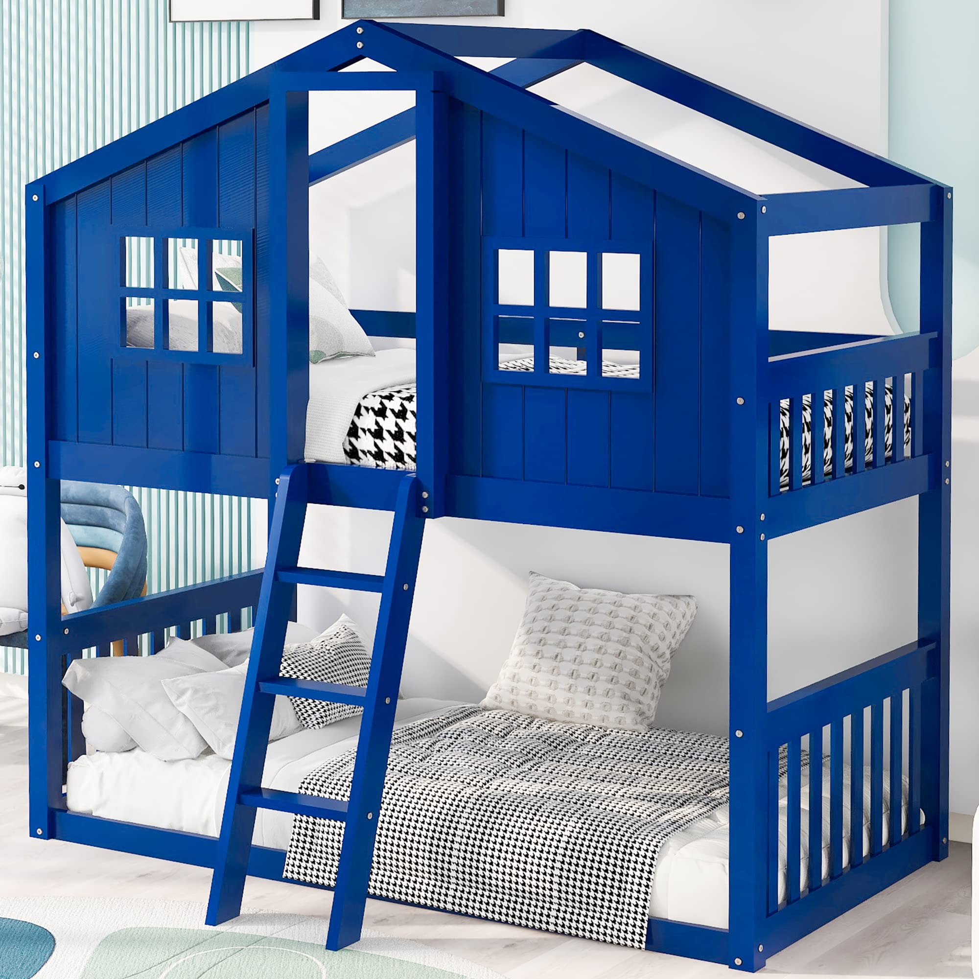 P PURLOVE Twin Over Twin Bunk Bed with Ladder & Guardrail - Wooden Low House Bunk Bed Frame with Roof & Window - Space-Saving Kids Bed for Teens, Girls & Boys (Blue) - Perfect for Small Bedrooms, Shared Kids Rooms & Sleepovers