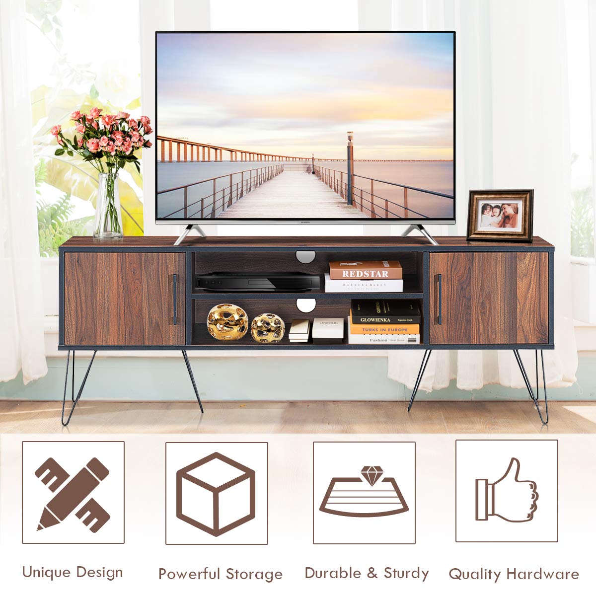 Tangkula 59 Inch Retro TV Stand with 6 Metal Legs - Modern Entertainment Center for 65 Inch TVs, Adjustable Shelf & 2 Cable Holes - Media Storage Cabinet for Living Room, Bedroom & Home Theater Setup