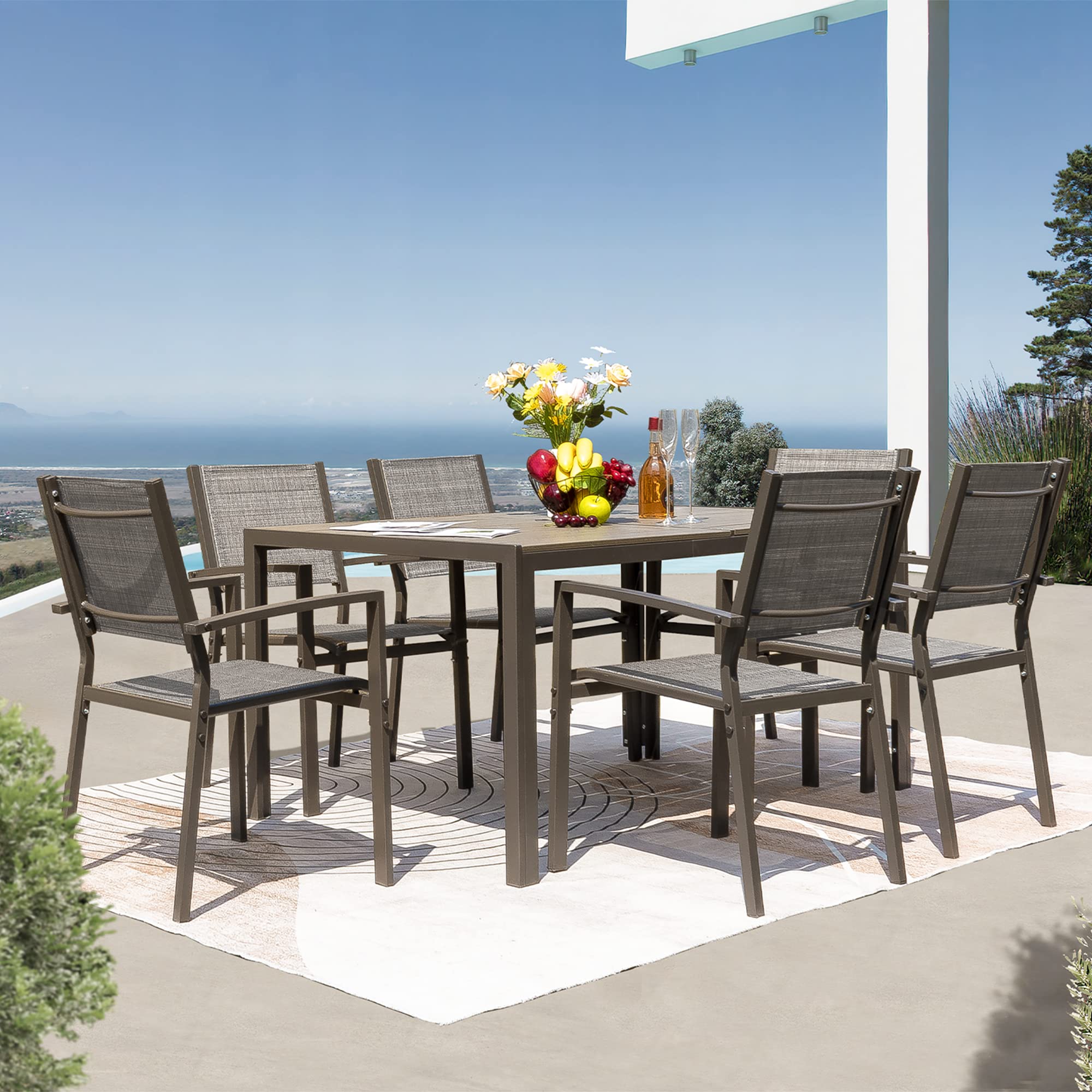 Rankok 7-Piece Patio Dining Set - Outdoor Furniture with Weather-Resistant Table & 6 Stackable Textilene Chairs for Garden, Yard, Poolside - Perfect for Backyard BBQs, Outdoor Entertaining & Relaxation (Gray)