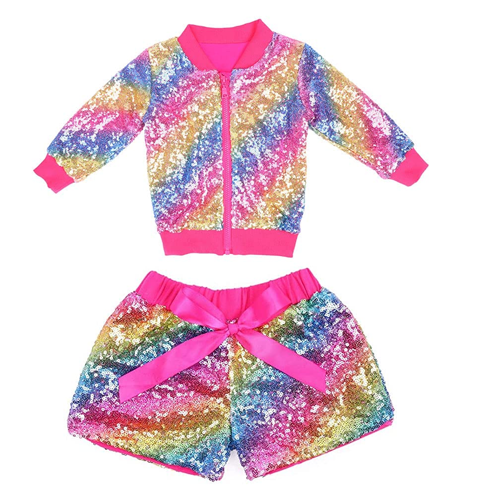 Cilucu Toddler Girls Rainbow Sequin Shorts & Bomber Jacket 2-Piece Set - Sparkly Birthday Party Outfit for Little Girls | Perfect for Birthday Celebrations, Photo Shoots & Special Occasions