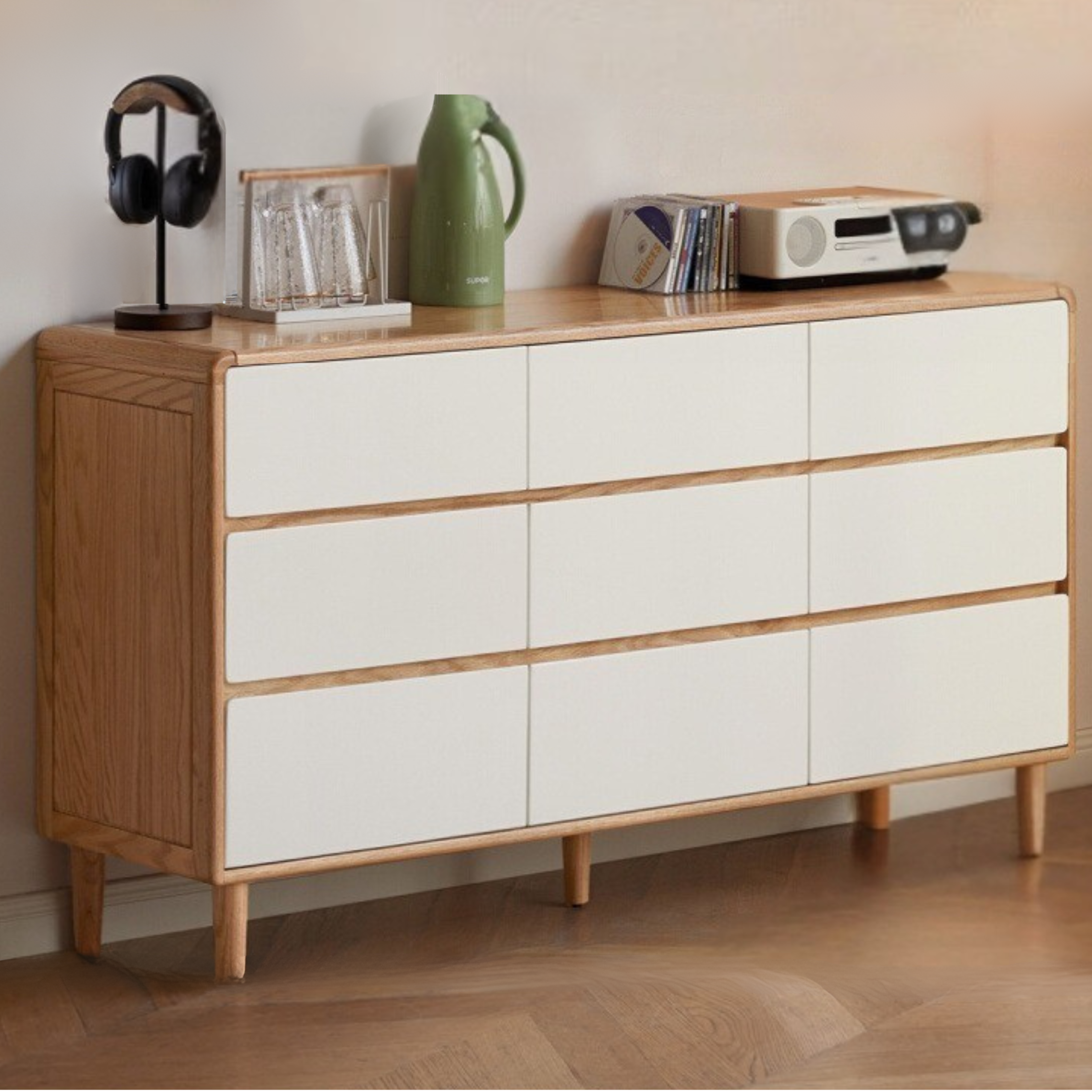 Oak Solid Wood Modern Nine Drawer Cabinet - Stylish Storage Solution for Bedroom, Living Room & Office Organization