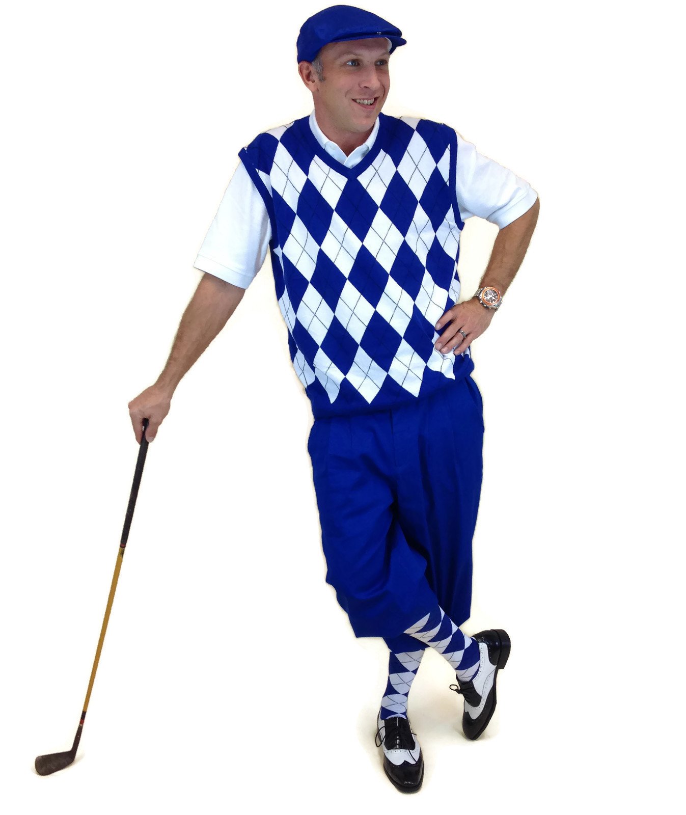Men's Golf Outfit Set - Royal Knickers, White Sweater, Socks & Cap - Perfect for Golf Tournaments & Country Club Events