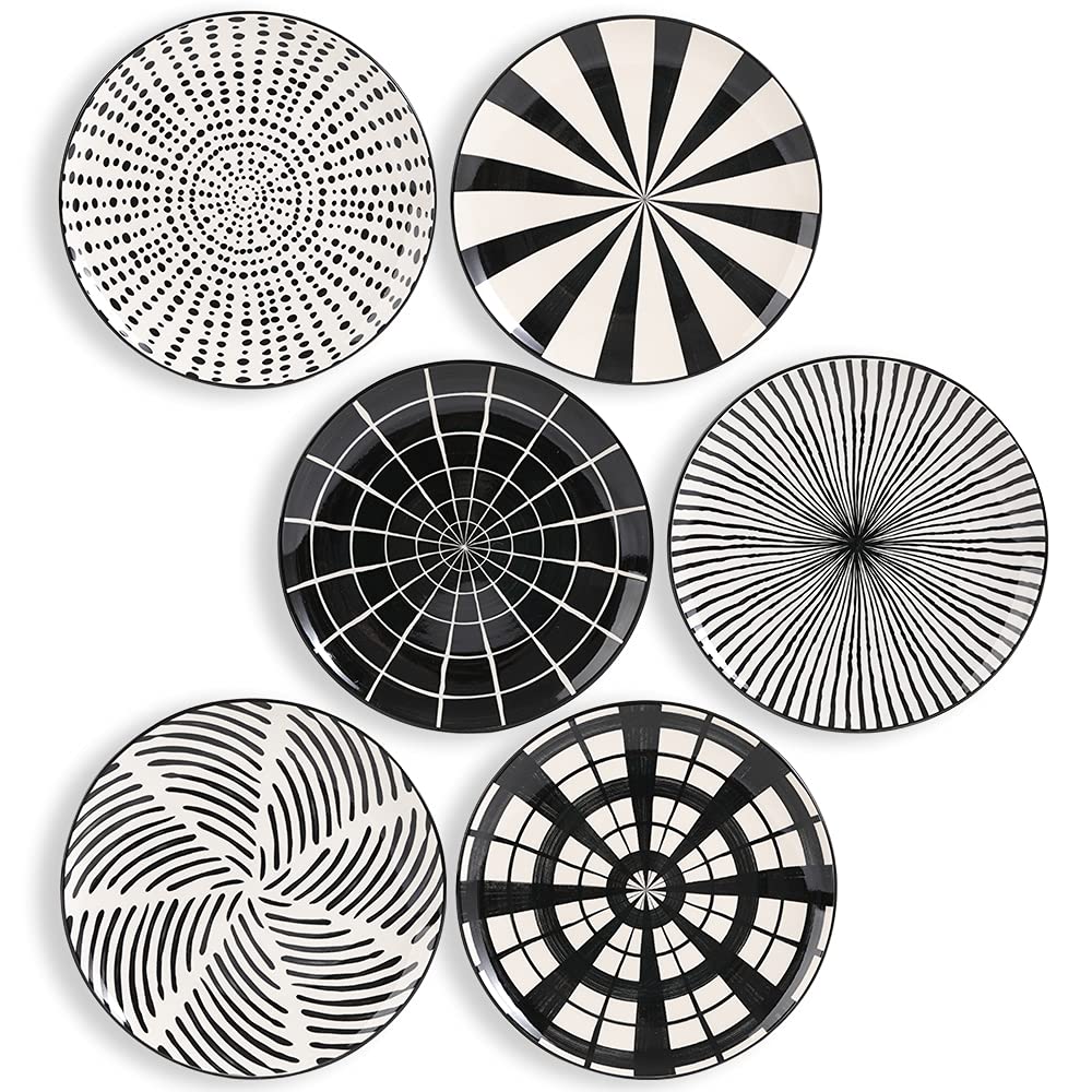 AHX 8 Inch Ceramic Dessert Plates - Set of 6 Modern Japanese Style Salad & Appetizer Plates - Dishwasher & Microwave Safe Black White Dinnerware - Perfect for Parties, Tea Time & Home Decor