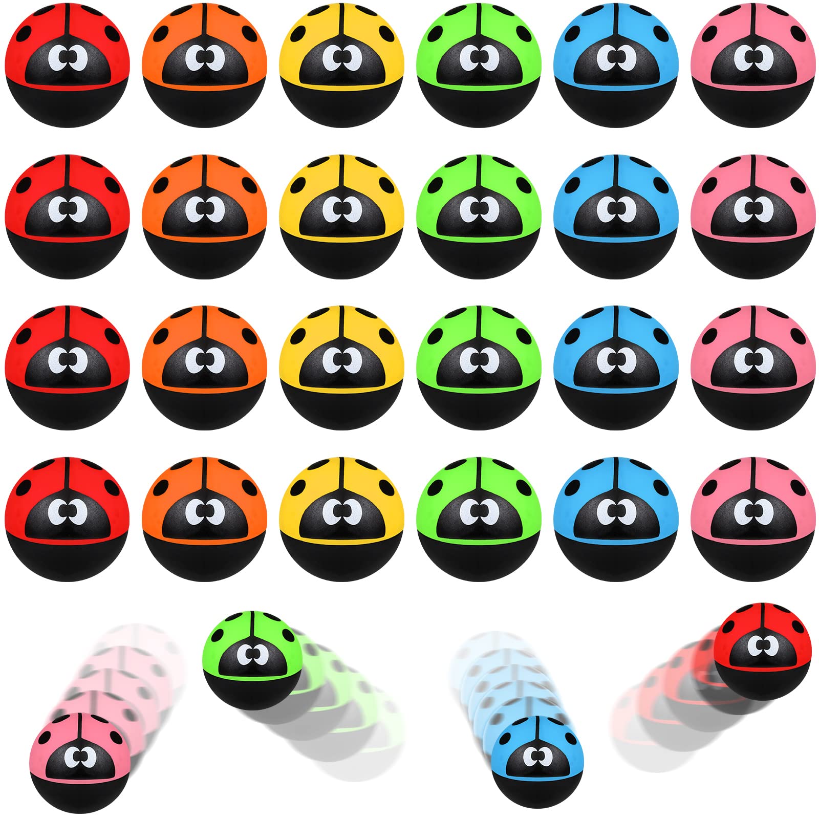 24 Pcs Ladybug Bouncy Balls - 32mm/1.3 Inch Rubber Sensory Toys in 6 Colors for Kids, Party Favors, Anxiety Relief & Fidget Toys - Perfect for Birthday Gifts, Carnival Prizes, Classroom Rewards and Stress Relief Activities