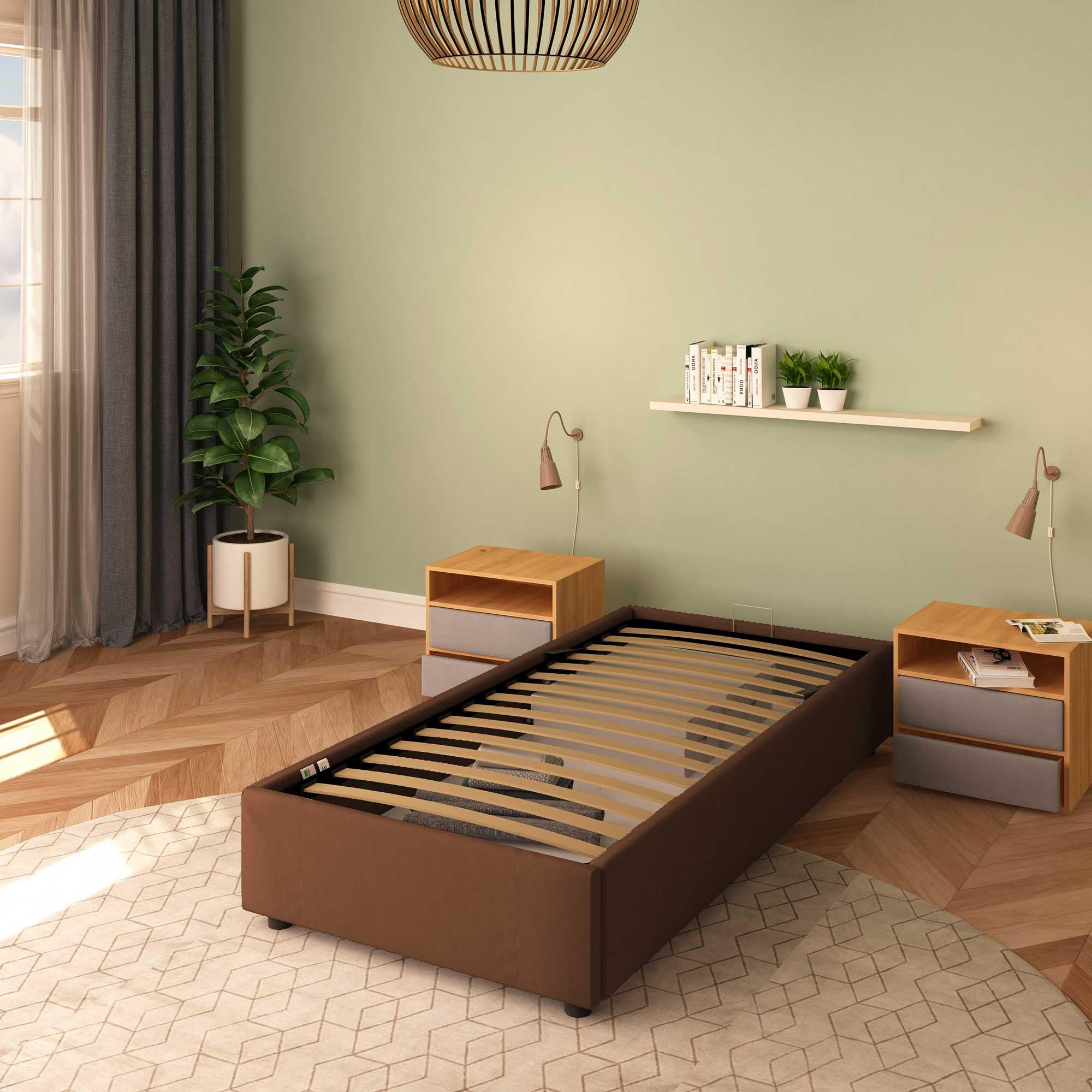 Baldiflex Cloe Square and Half Bed with Fabric Storage, No Headboard, Slatted Base for Mattresses, 100 x 200 cm, Brown - Perfect for Small Bedrooms, Guest Rooms, and Space-Saving Solutions