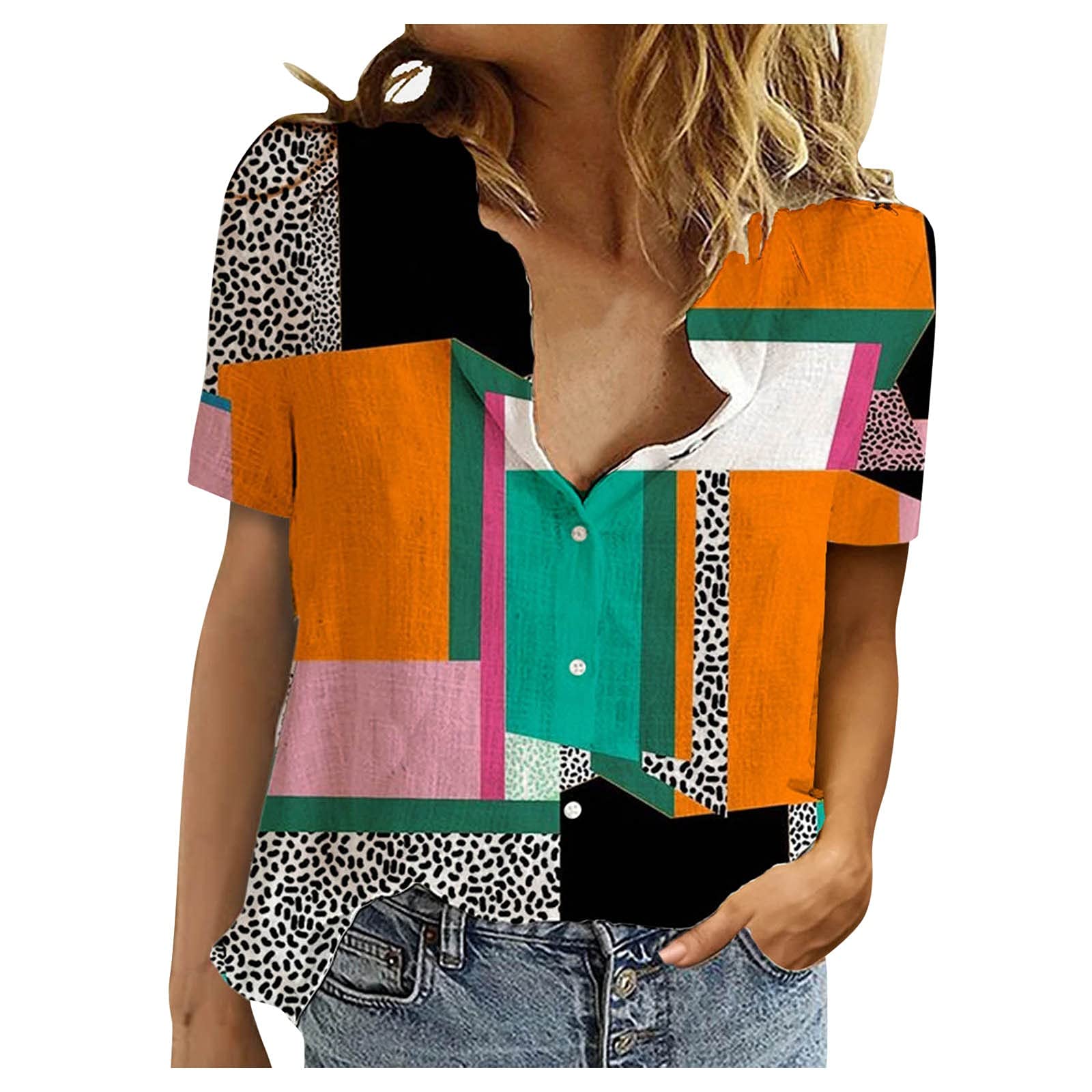 Plus Size Women's Casual V-Neck Button Down Shirt - Long & Short Sleeve Polyester Blouse Tunic Tops for Work, Office & Everyday Wear