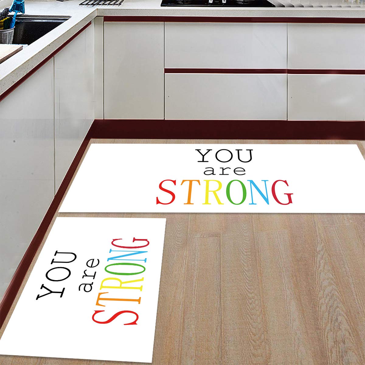 Non-Slip Kitchen Rug Set of 2 - Washable Anti-Fatigue Floor Mats with Motivational Text 'You Are Strong' - Perfect for Kitchen, Entryway & High-Traffic Areas (19.7