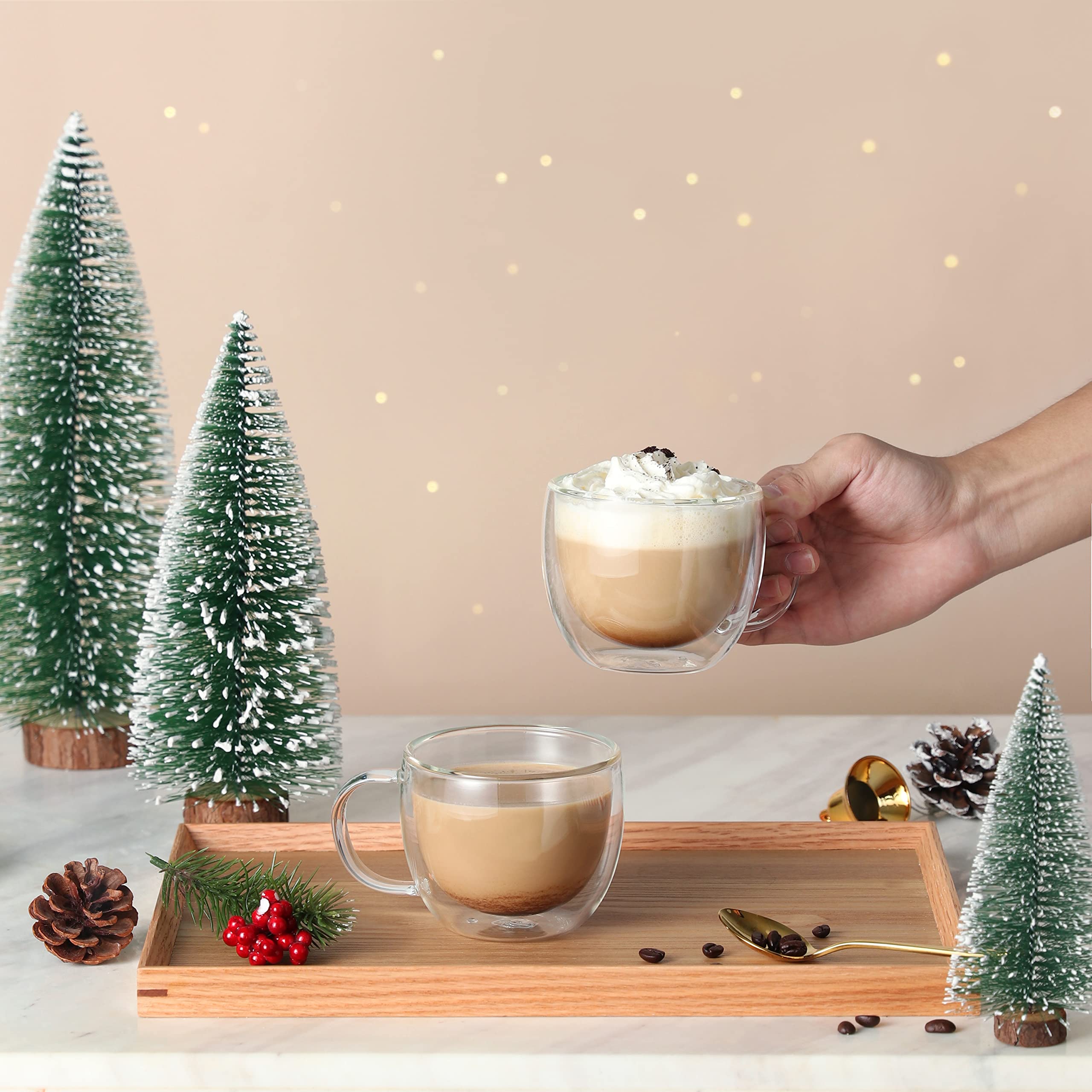 CNGLASS 8oz Double Wall Insulated Glass Coffee Mugs - Clear Espresso Cups with Handle for Hot & Cold Drinks, Perfect for Latte, Cappuccino, Tea - Set of 4 (Ideal for Home, Office & Cafe Use)
