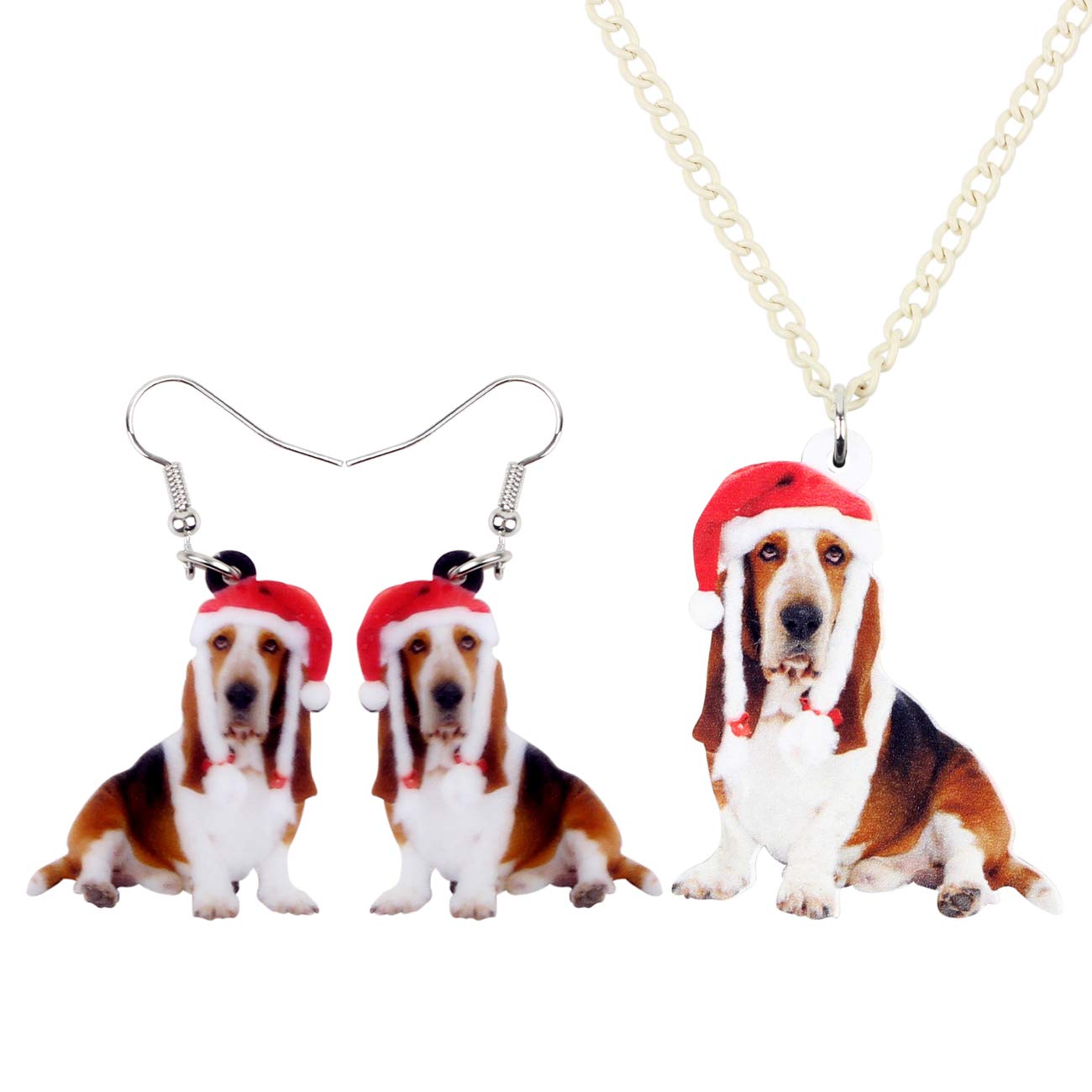 DUOWEI Acrylic Christmas Hat Basset Hound Jewelry Set - Festive Necklace & Earrings Gift for Women & Kids | Holiday Party Accessories, Christmas Gift Idea