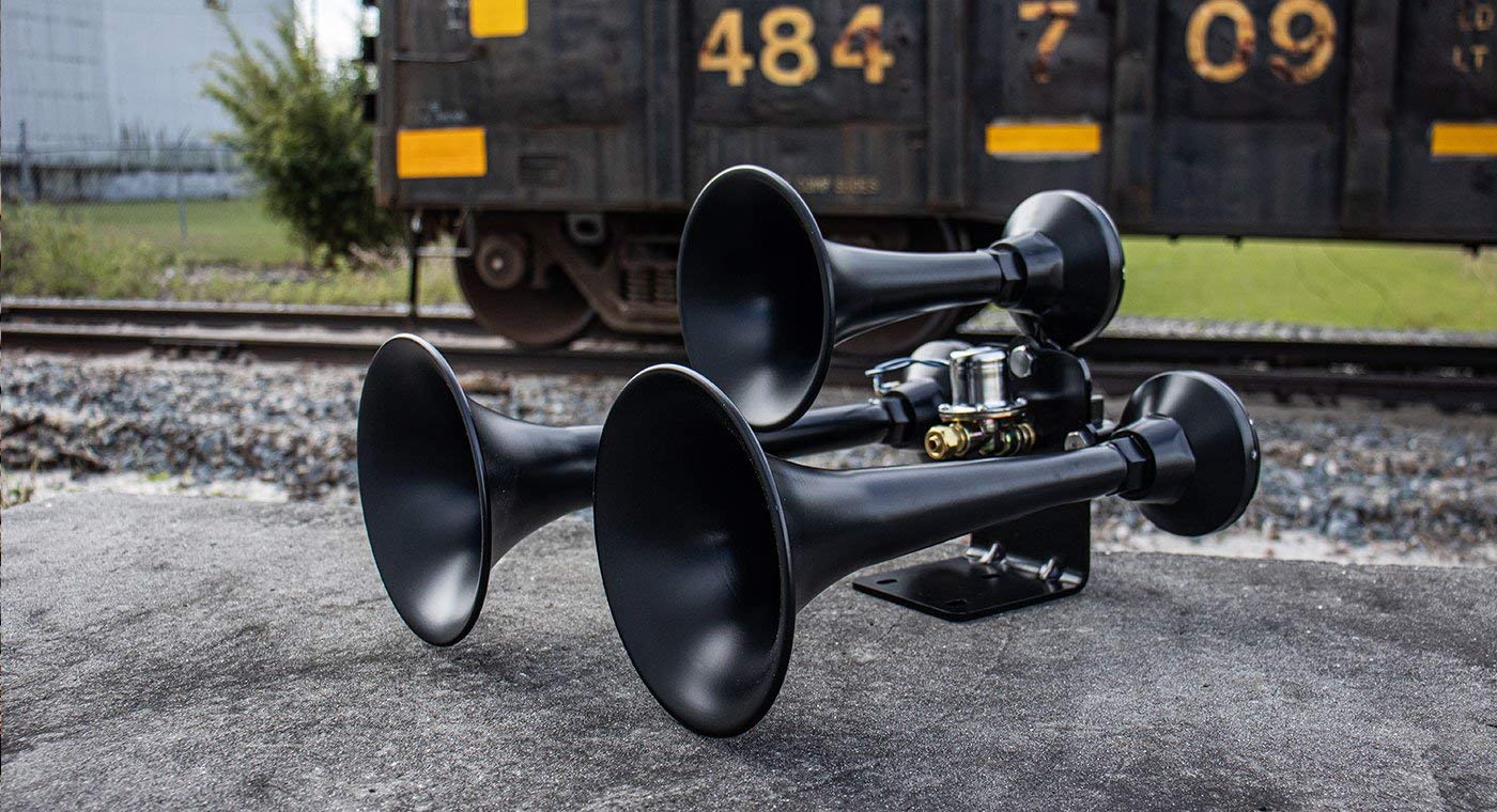 HornBlasters Outlaw Black 12/24 Volt Train Horn Kit - 3 Trumpet Air Horn for Trucks & Vehicles - Loud 150dB Sound for Emergency & Safety - Perfect for Semi Trucks, Boats & Off-Road Adventures