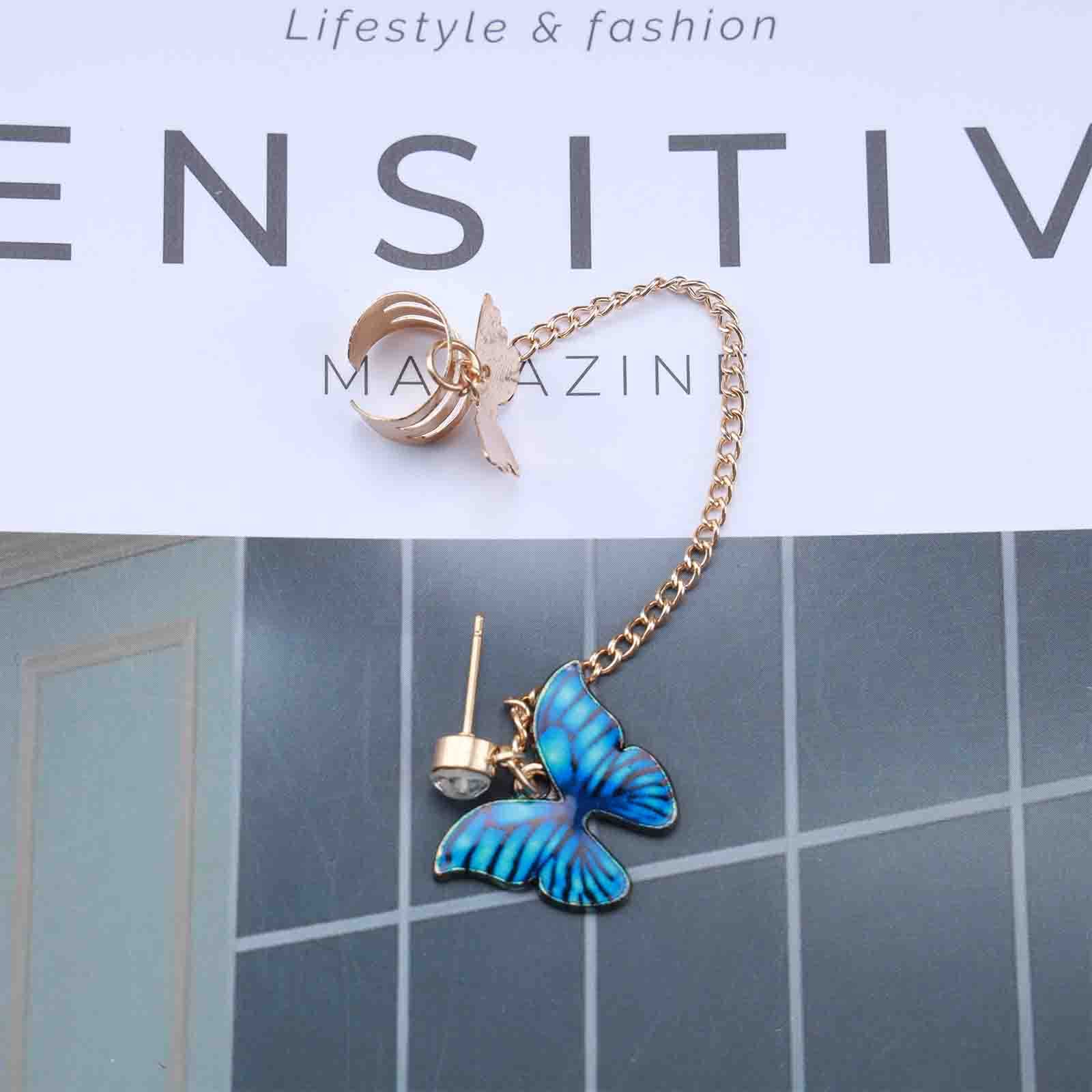 Bohemian Butterfly Cuff Chain Earrings - Gold Helix Cartilage Earrings with Blue Paved Butterfly & Tassel Design for Women | Perfect for Piercing, Parties & Boho Fashion Accessories
