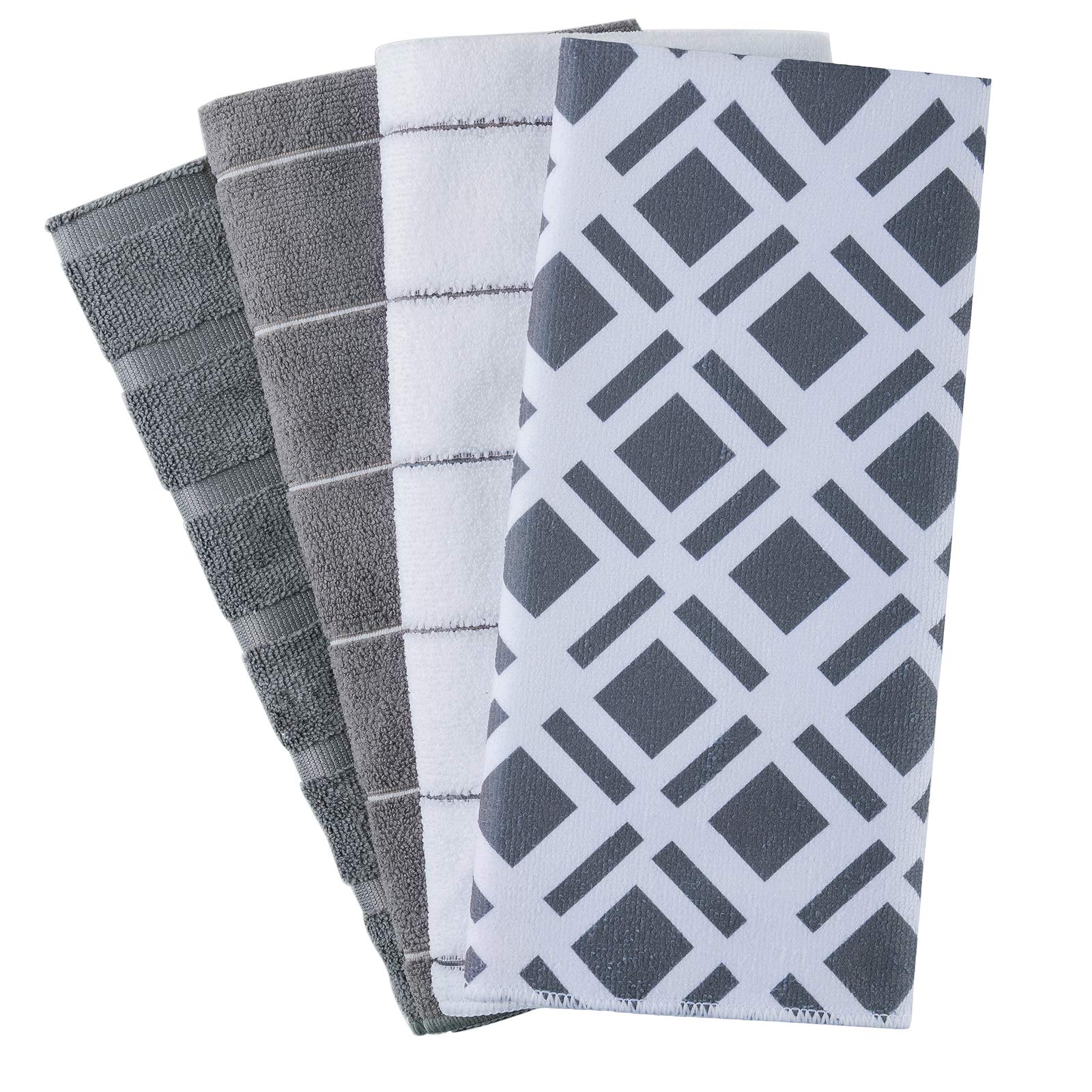 Premium Microfiber Kitchen Towels Set of 4 - Ultra Absorbent & Quick-Drying Dish Cloths for Cleaning, Wiping & Drying (26x18 Inch, Gray Geometric Pattern) - Perfect for Dishes, Countertops & Glass Surfaces
