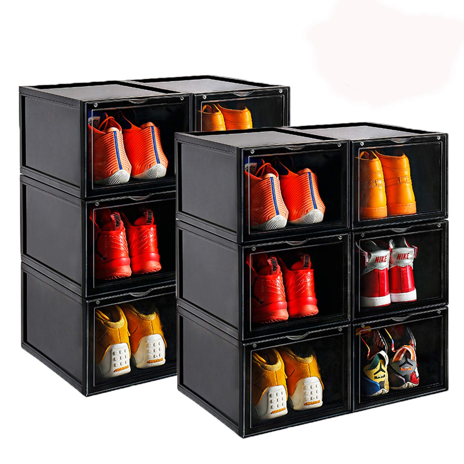 AOTENG STAR 6-Pack Black Clear Plastic Foldable Stackable Shoe Storage Box - Shoe Organizer for Men & Women, Display Case for Closet Shelf Organization (Perfect for Sneaker Collection & Shoe Storage Solutions)