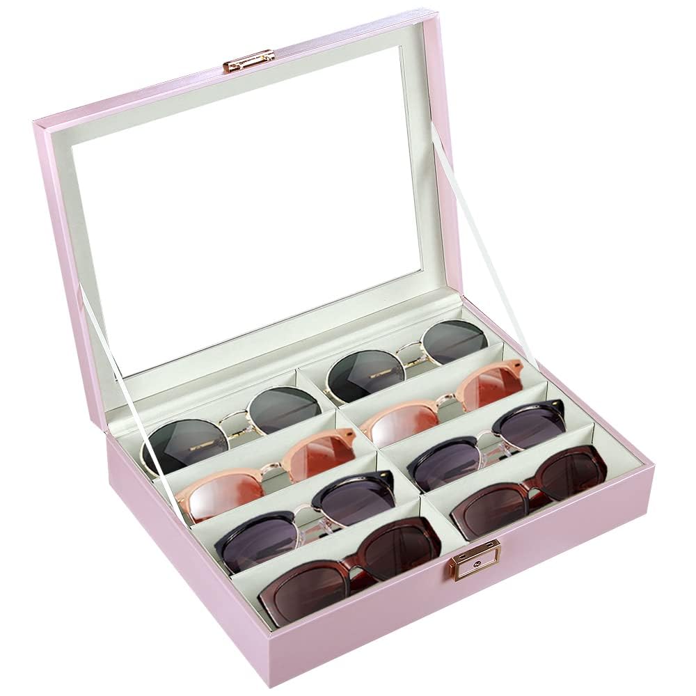 BLIENCE 8 Slot PU Leather Sunglasses Organizer Case for Women - Eyeglasses Storage Box with Clear Top & Lock, Jewelry and Watch Display Case - Perfect for Travel, Home Organization and Sunglasses Collection (Sweet Pink)