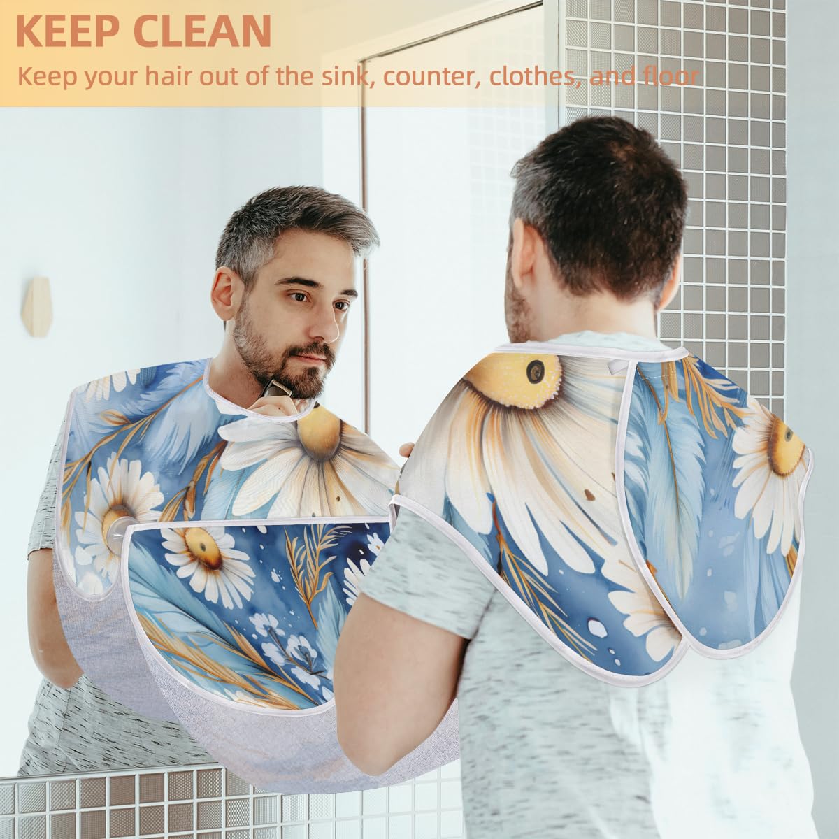 Daisy Pattern Beard Shaving Bib for Men - Waterproof Makeup & Hair Dye Apron for Barbers & Stylists - Sink Hair Catcher for Beard Trimming & Lineup - Perfect Salon & Home Grooming Accessory Gift