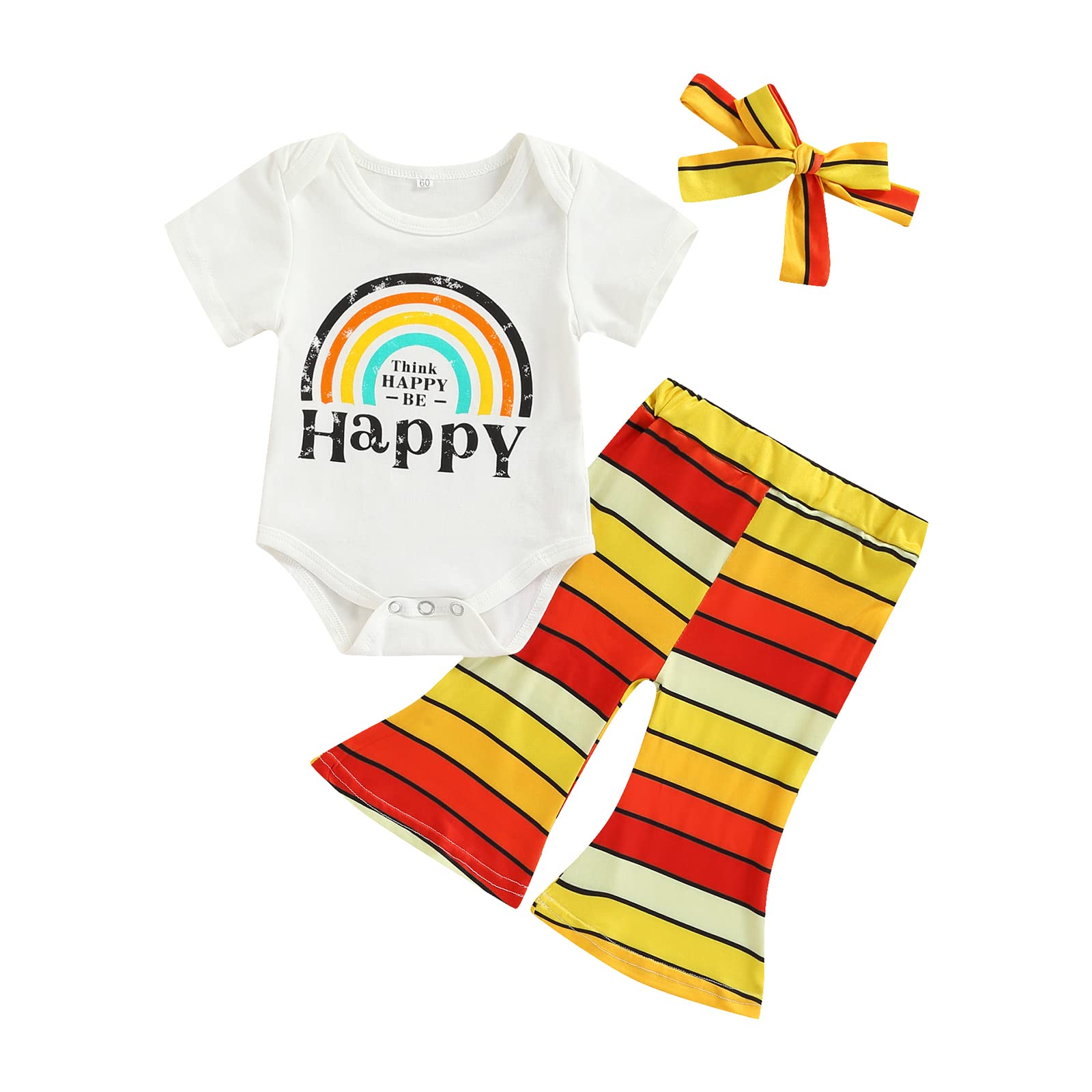 Newborn Baby Short Sleeve Romper & Rainbow Happy Letter Print Flare Pants Set - Soft Summer Outfit for Boys Girls - Perfect for Playdates, Beach Trips & Photo Shoots