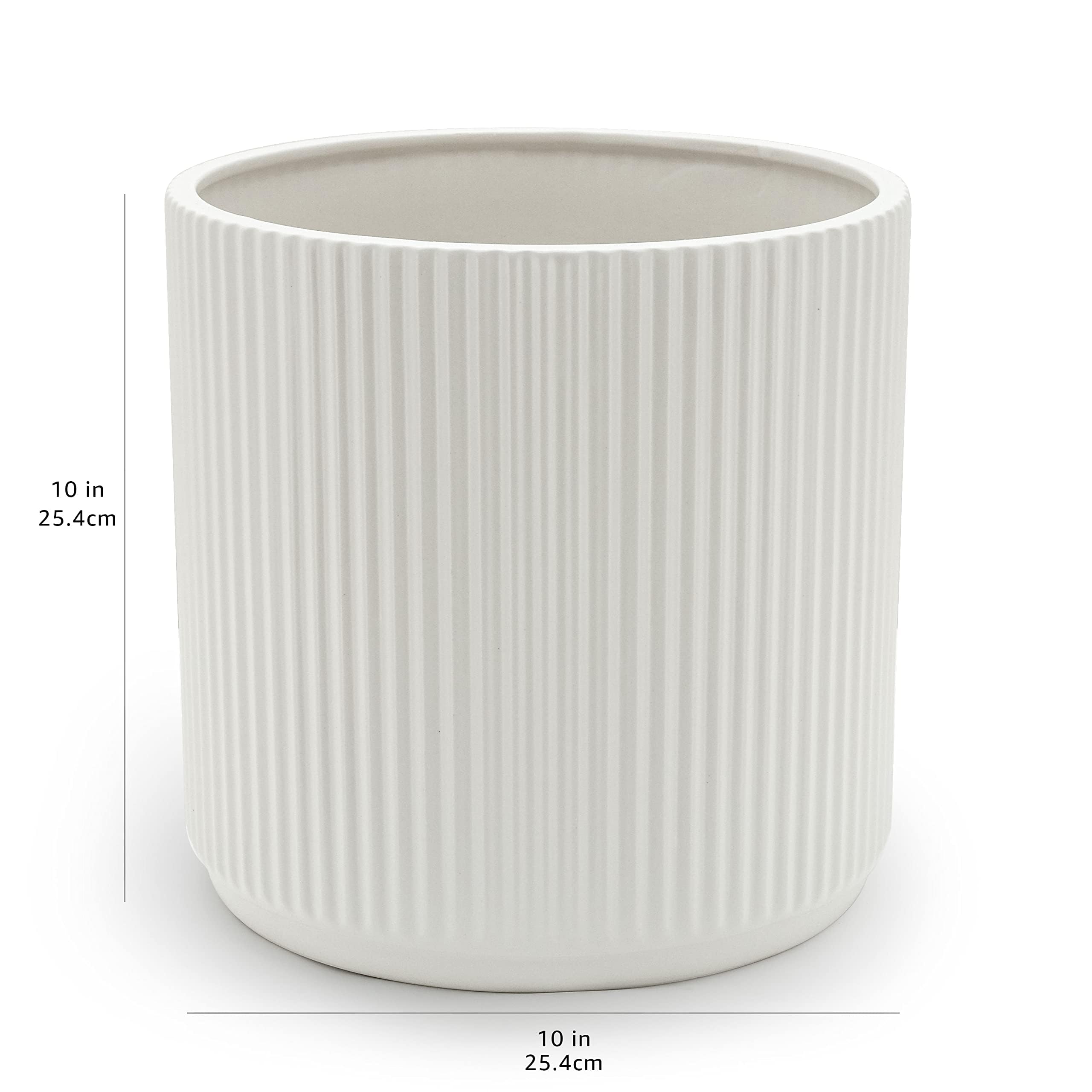 Amazon Basics Fluted Ceramic Round Planter - 10 Inch White Flower Pot for Indoor Plants, Outdoor Garden Decor, Home & Office Decoration