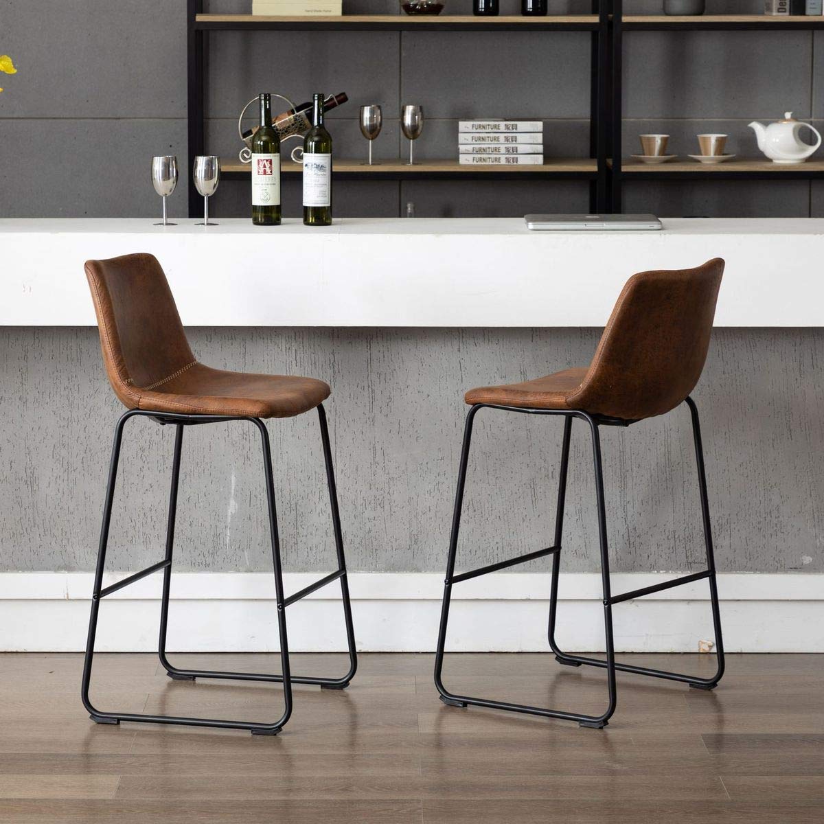 Vanity Art Set of 2 Synthetic Leather Barstools - Armless Upholstered Dining Chairs with Sturdy Metal Legs, Brown (UC-13HBRN) - Perfect for Kitchen Islands, Breakfast Bars & Small Space Dining