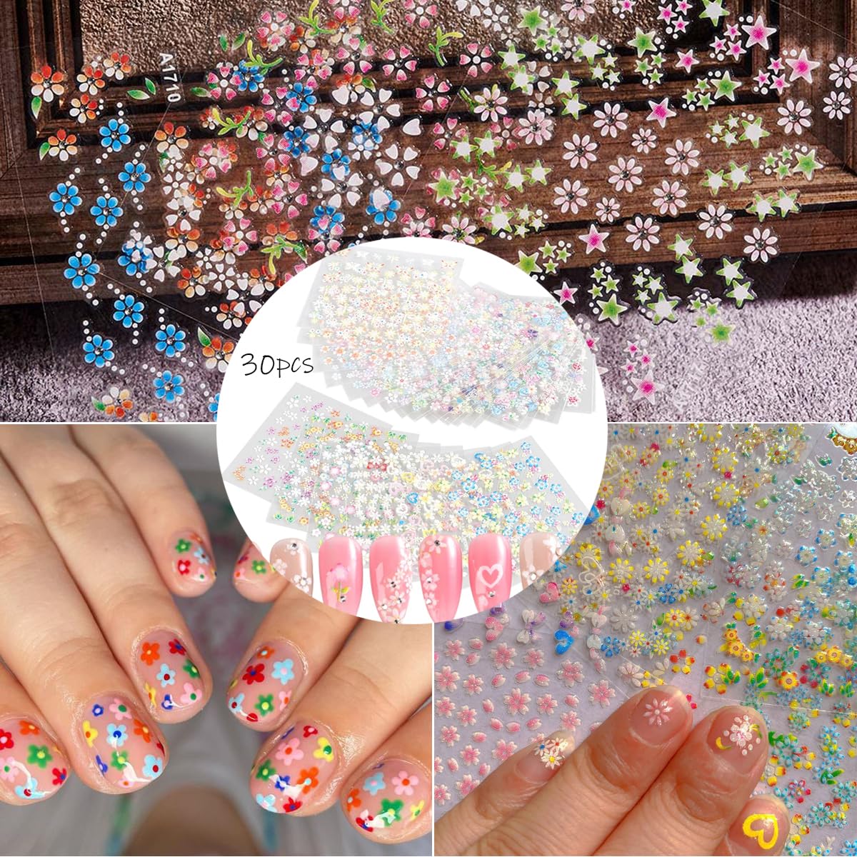 30 Sheets 3D Flower Nail Art Stickers - Self-Adhesive Nail Decals with Roses, Daisies & Cherry Blossoms - Pink Floral Nail Designs & Cute Heart Stickers for Acrylic Nails - Perfect for Salon, Home Manicures & Nail Art Enthusiasts