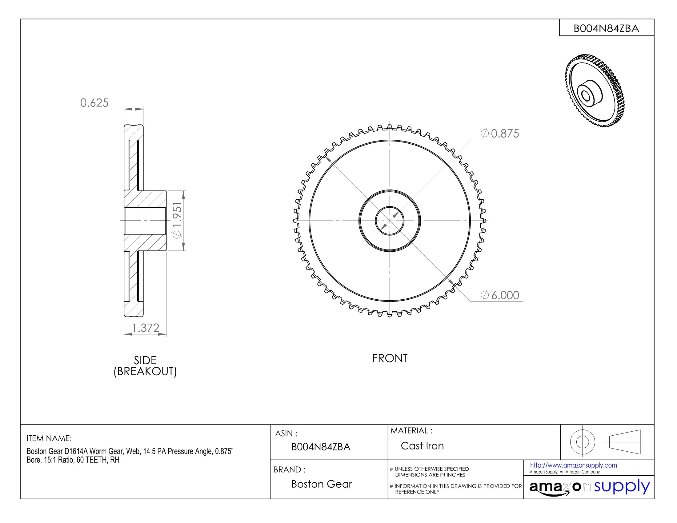 D1614A Worm Gear 14.5 PA Pressure Angle 0.875