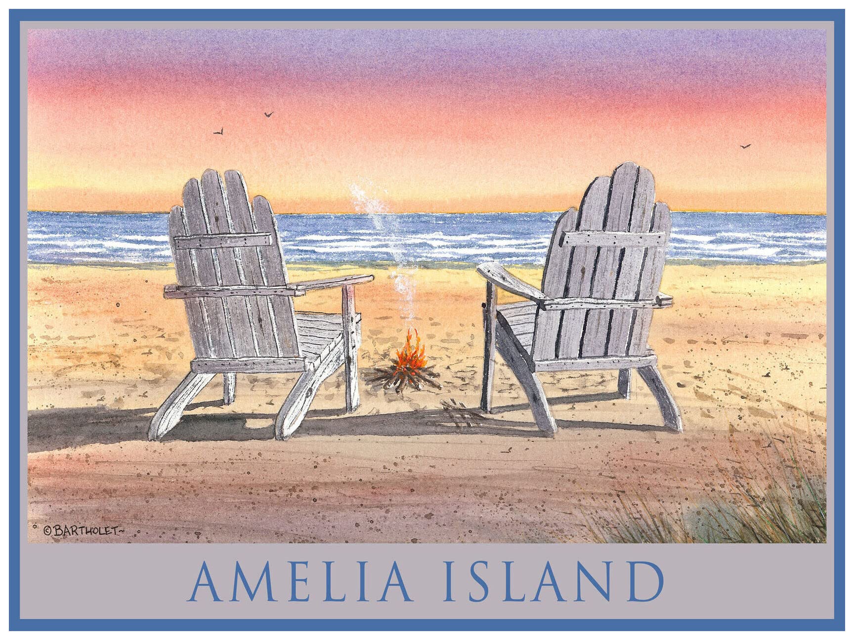 Dave Bartholet Watercolor Art Print - Amelia Island Adirondack Chairs Beach Scene 18x24 Inches, Giclee Poster for Coastal Home Decor, Living Room & Office Wall Art